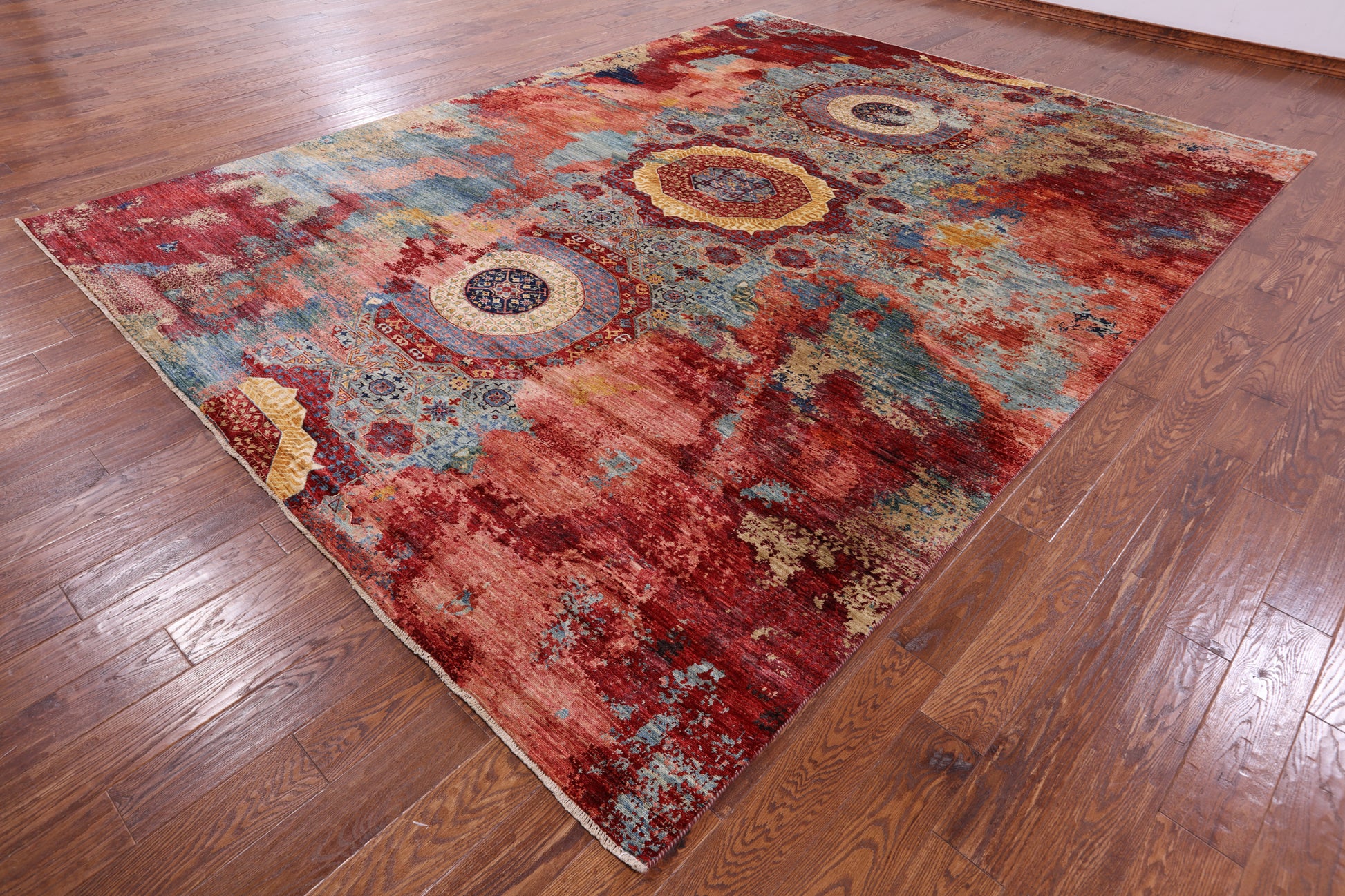 Abstract Modern Mamluk Hand Knotted Wool Rug - 9' 9" X 13' 1" - Golden Nile