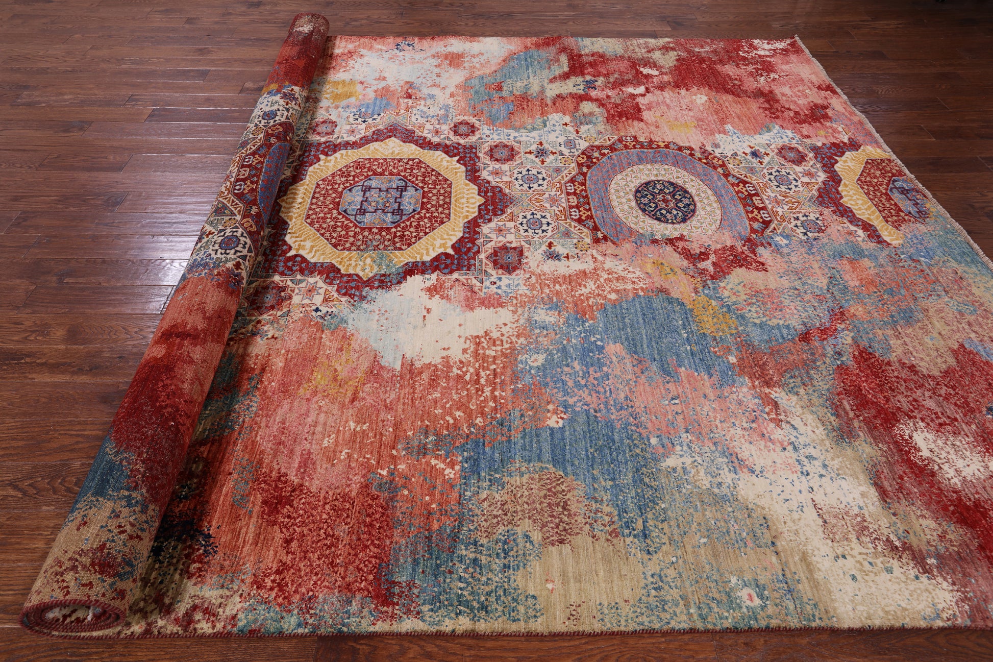 Asbtract Modern Mamluk Hand Knotted Wool Rug - 9' 9" X 13' 7" - Golden Nile