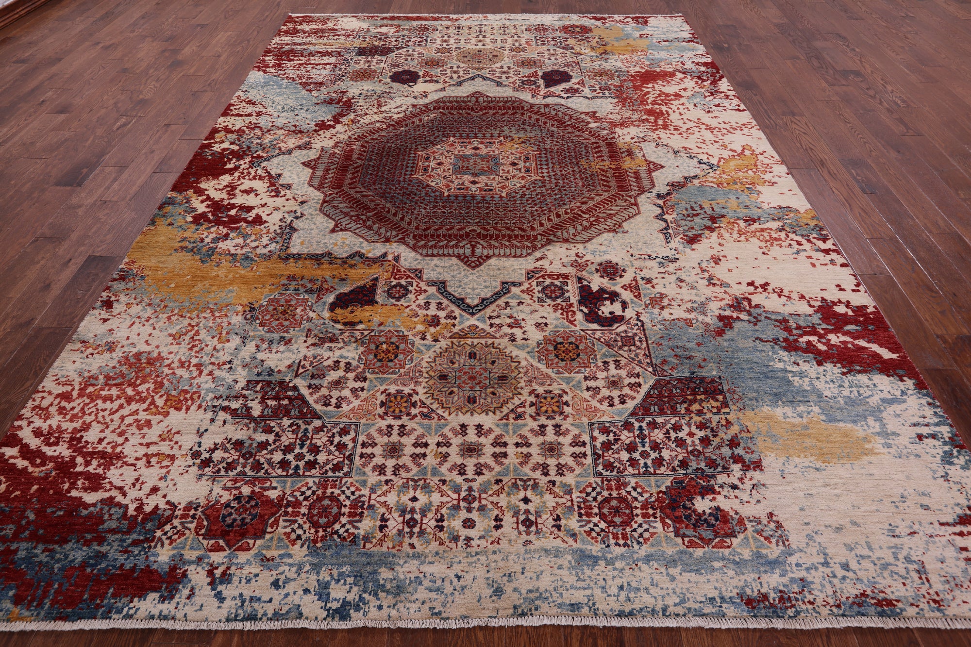 Abstract Modern Mamluk Hand Knotted Wool Rug - 8' 8" X 12' 1" - Golden Nile