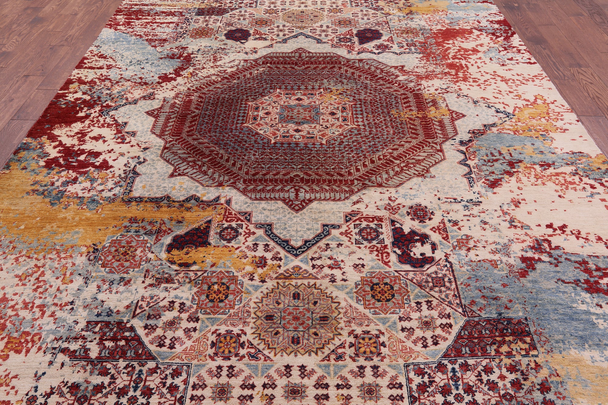 Abstract Modern Mamluk Hand Knotted Wool Rug - 8' 8" X 12' 1" - Golden Nile