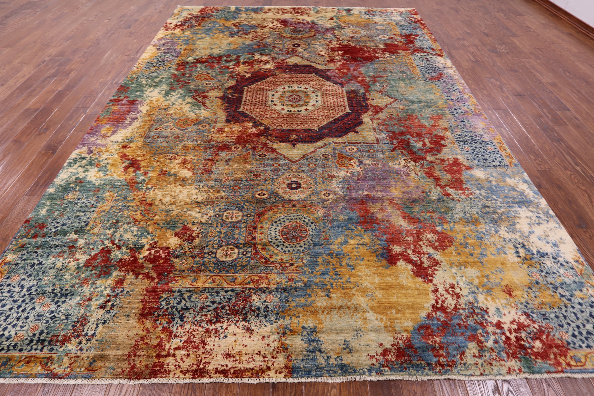 Asbtract Modern Mamluk Hand Knotted Wool Rug - 9' 10" X 13' 5" - Golden Nile