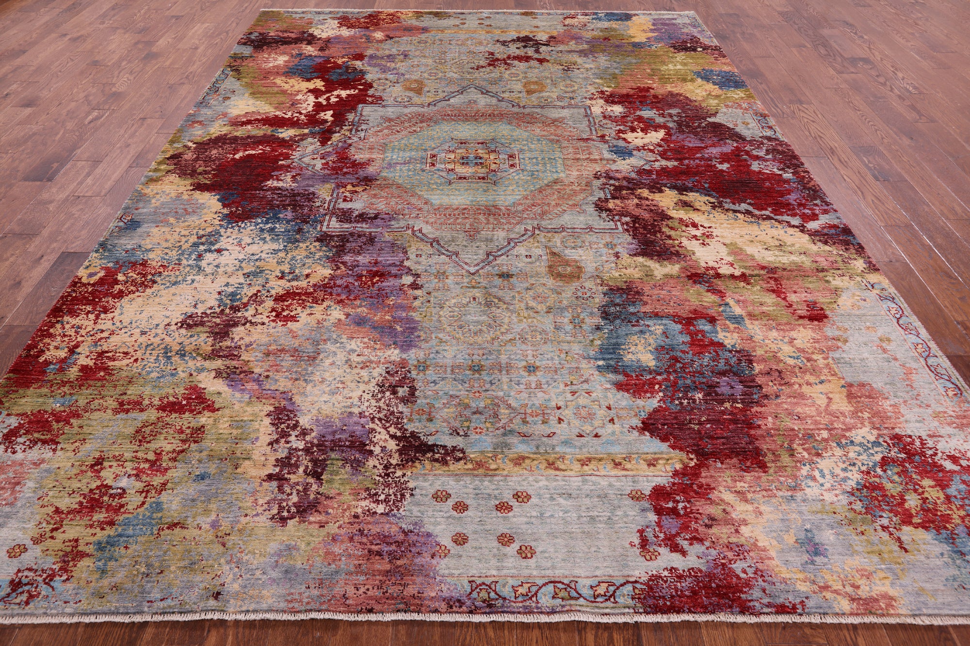 Abstract Modern Mamluk Hand Knotted Wool Rug - 8' 11" X 11' 10" - Golden Nile