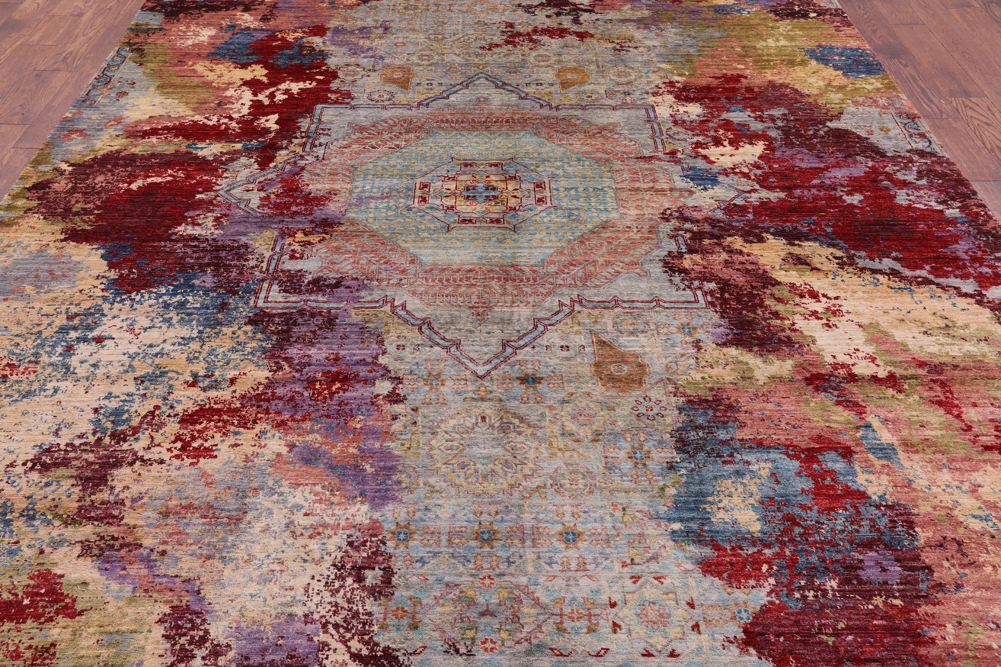 Abstract Modern Mamluk Hand Knotted Wool Rug - 8' 11" X 11' 10" - Golden Nile