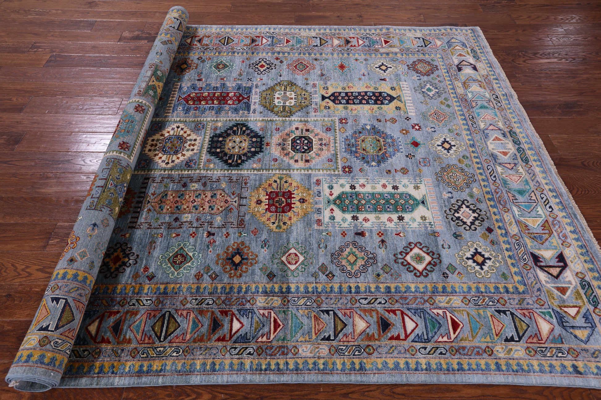 Blue Turkmen Ersari Hand Knotted Wool Rug - 6' 9" X 9' 9" - Golden Nile