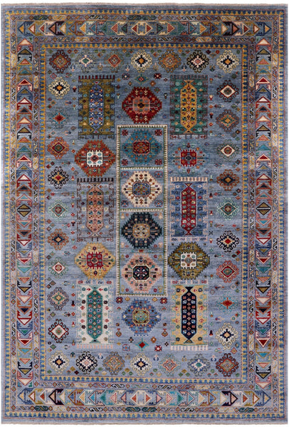 Blue Turkmen Ersari Hand Knotted Wool Rug - 6' 9" X 9' 9" - Golden Nile