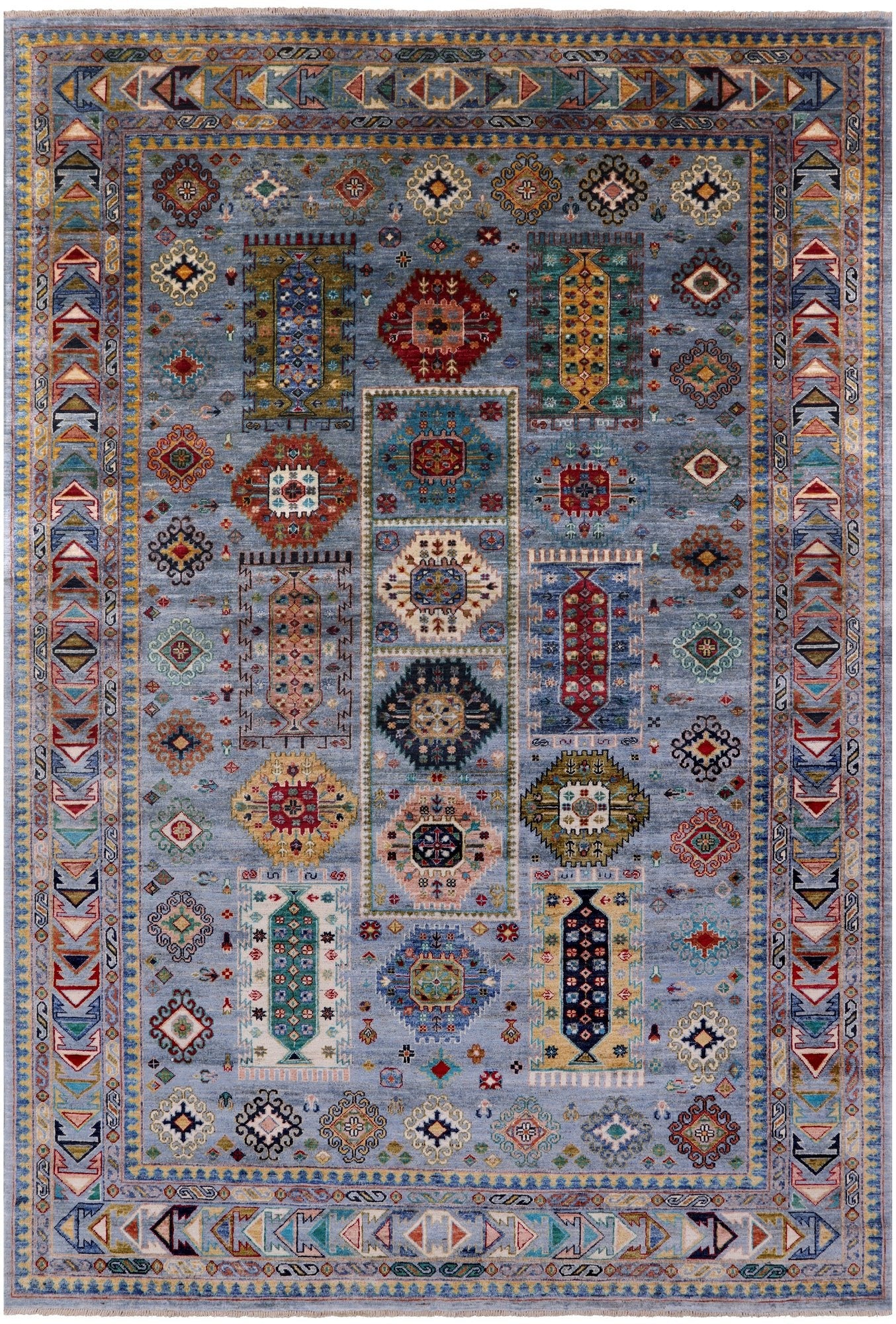 Blue Turkmen Ersari Hand Knotted Wool Rug - 6' 9" X 9' 9" - Golden Nile