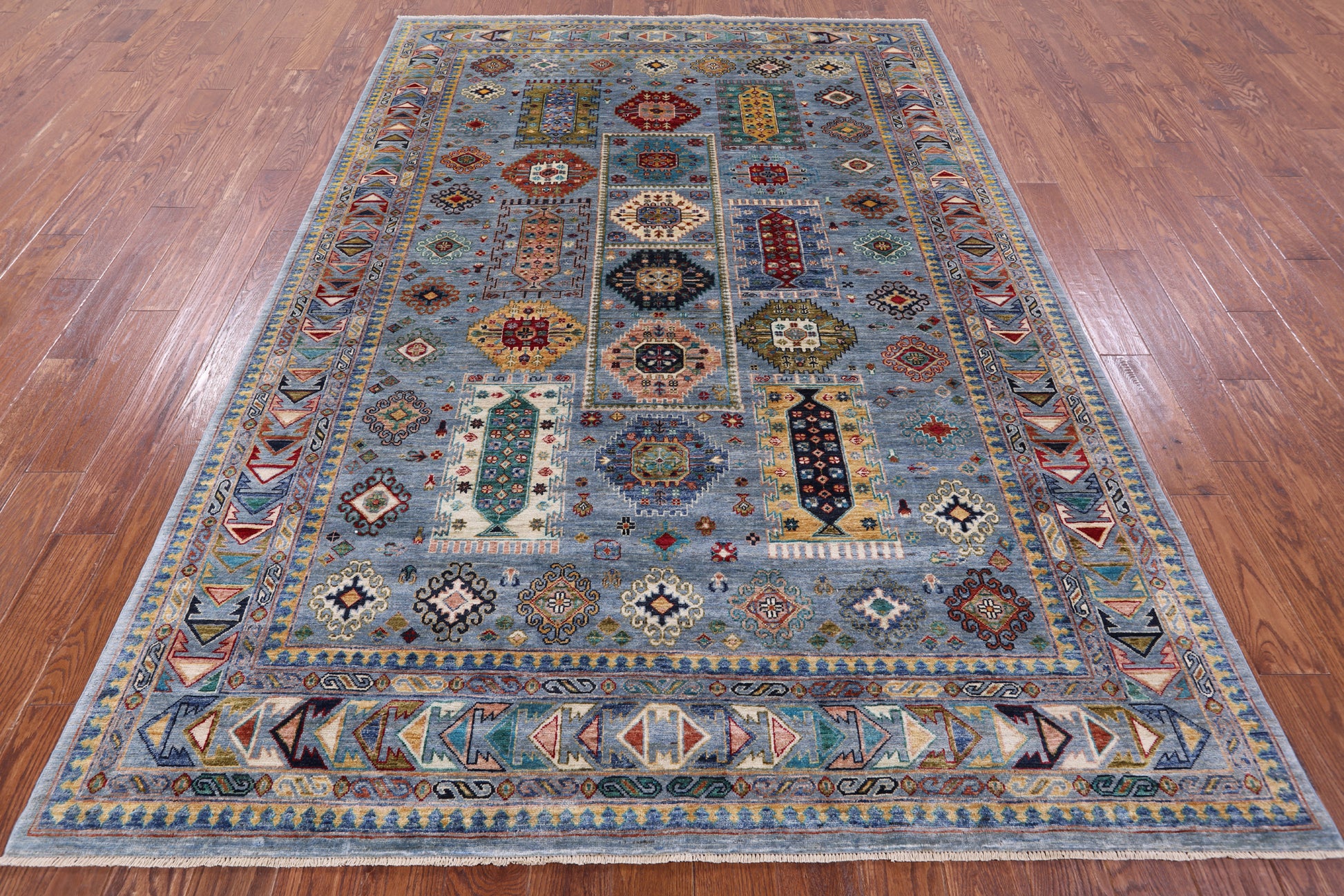 Blue Turkmen Ersari Hand Knotted Wool Rug - 6' 9" X 9' 9" - Golden Nile