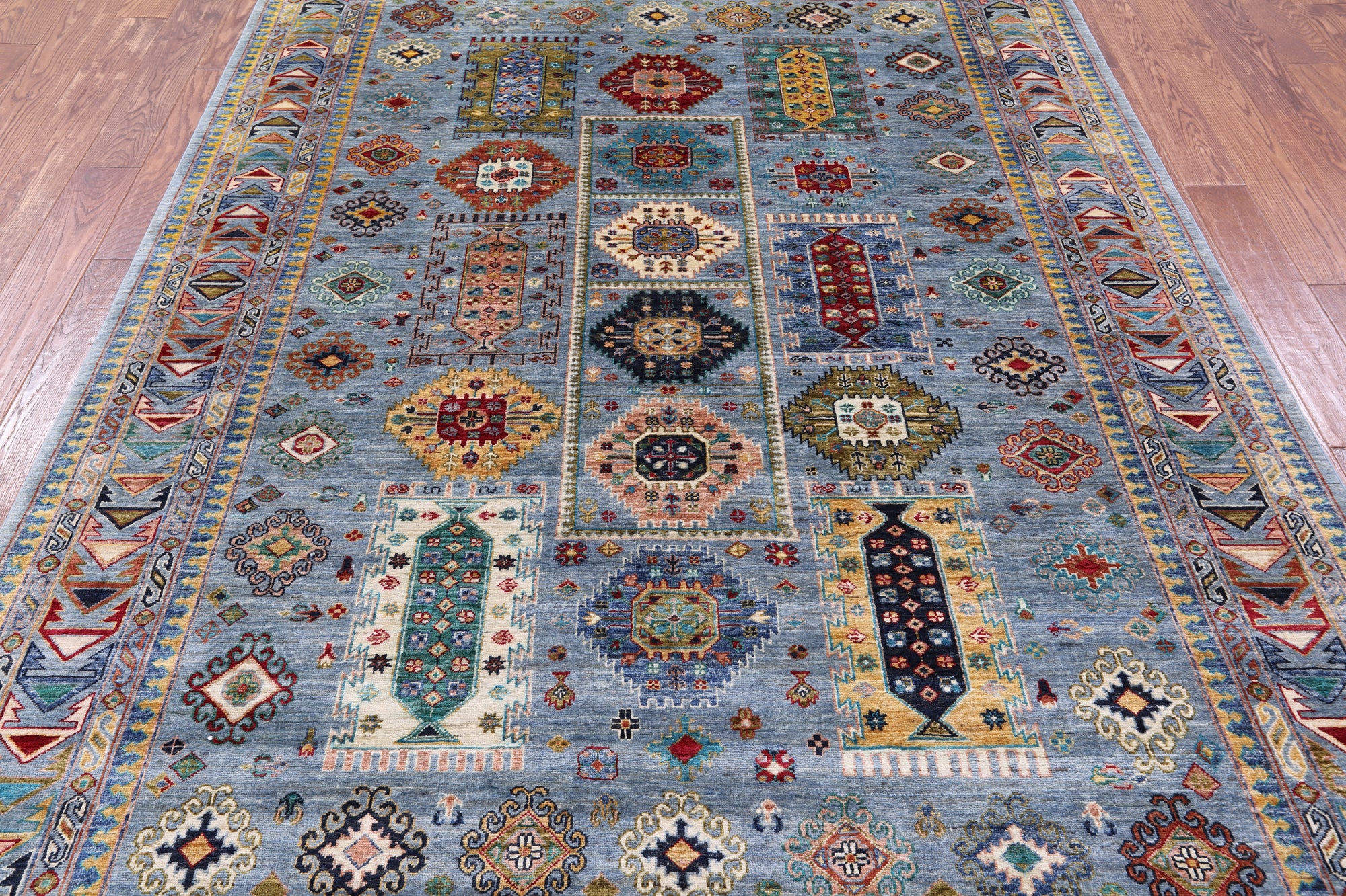 Blue Turkmen Ersari Hand Knotted Wool Rug - 6' 9" X 9' 9" - Golden Nile