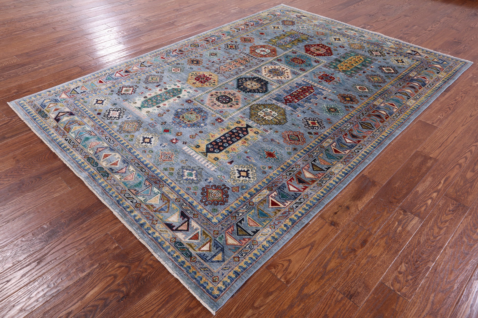Blue Turkmen Ersari Hand Knotted Wool Rug - 6' 9" X 9' 9" - Golden Nile