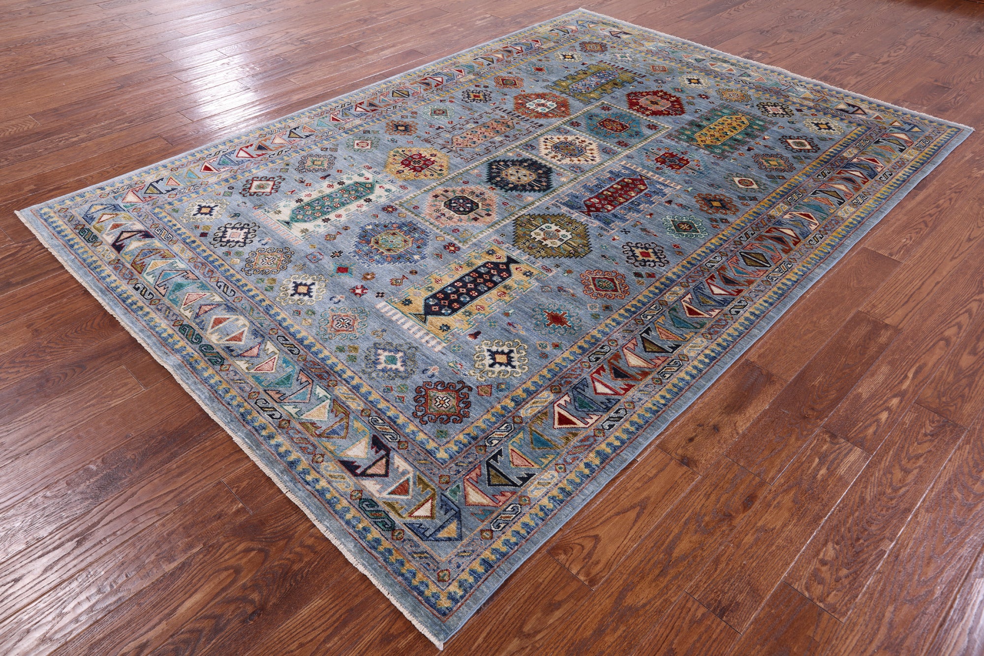 Blue Turkmen Ersari Hand Knotted Wool Rug - 6' 9" X 9' 9" - Golden Nile