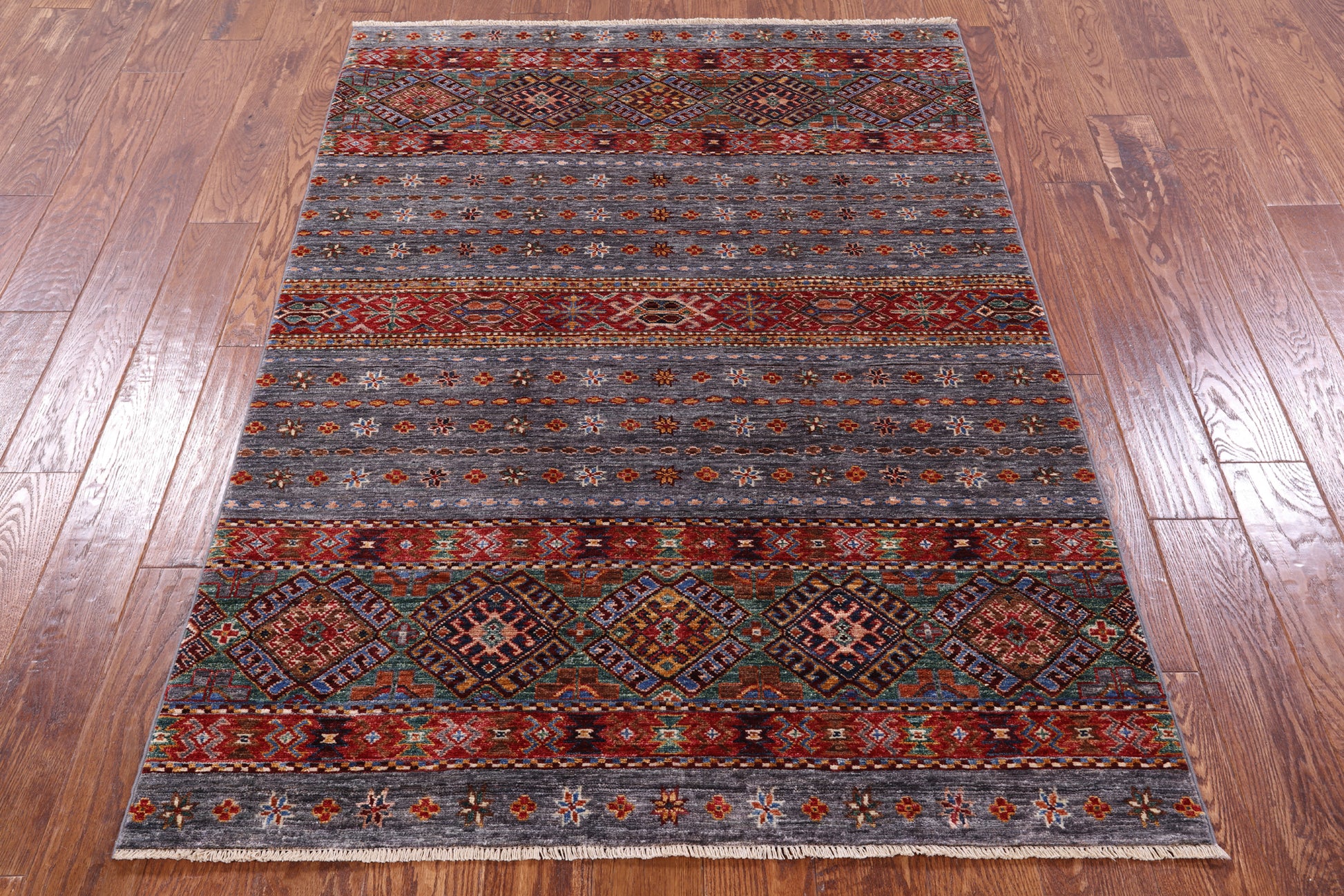 Grey Khorjin Persian Gabbeh Handmade Wool Rug - 4' 2" X 5' 11" - Golden Nile