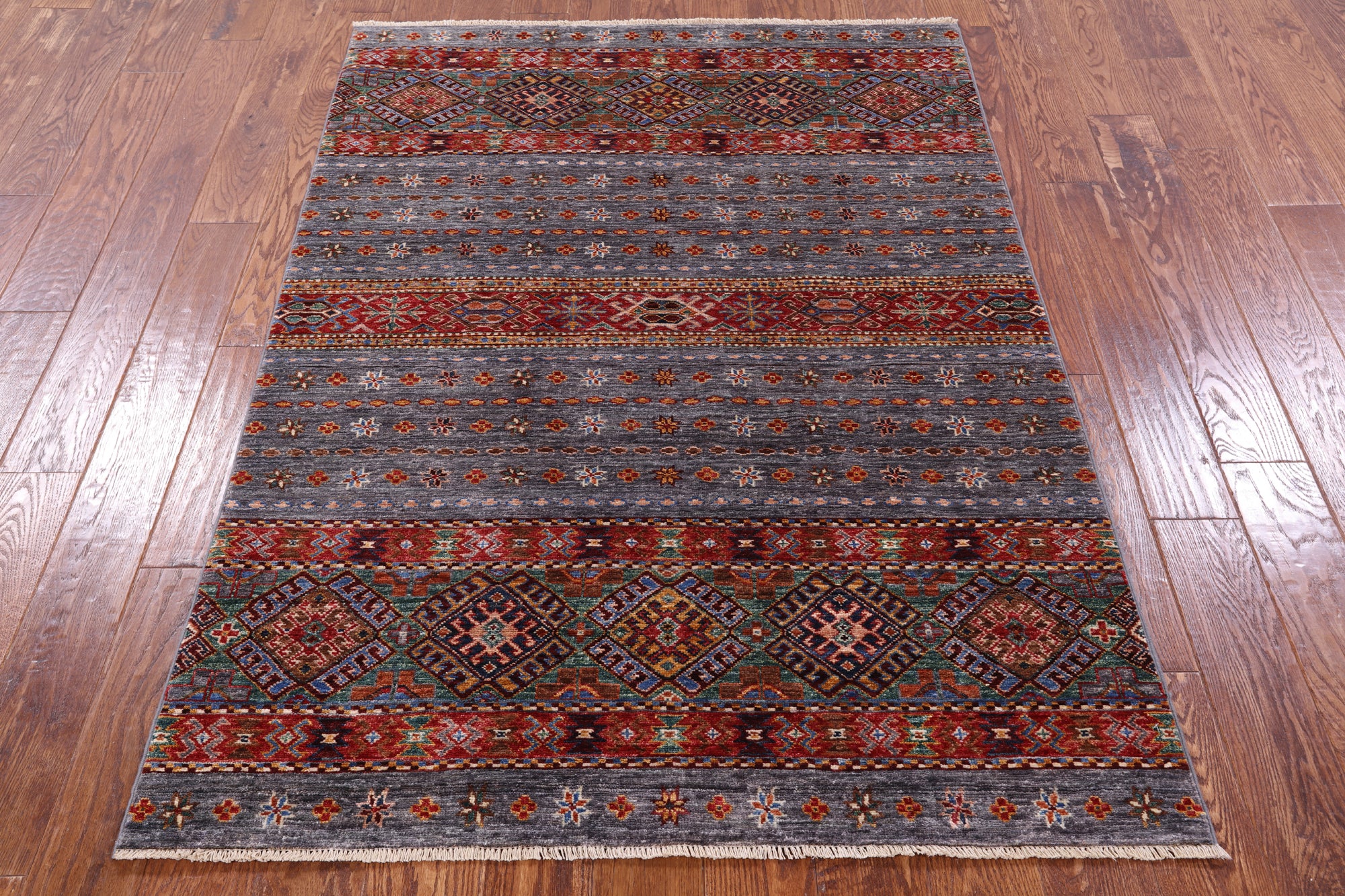 Grey Khorjin Persian Gabbeh Handmade Wool Rug - 4' 2" X 5' 11" - Golden Nile