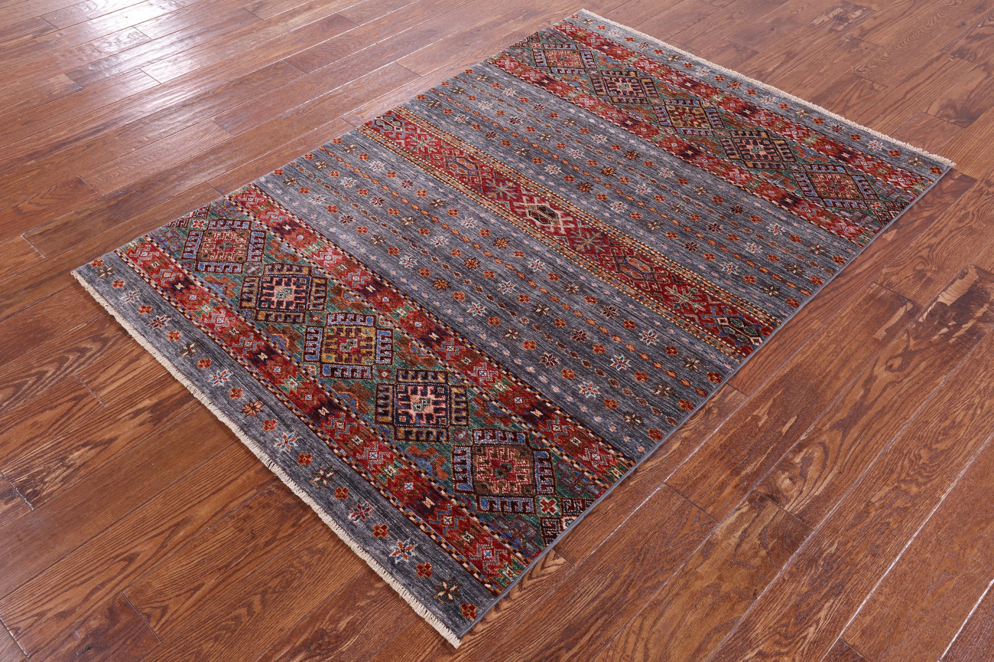 Grey Khorjin Persian Gabbeh Handmade Wool Rug - 4' 2" X 5' 11" - Golden Nile
