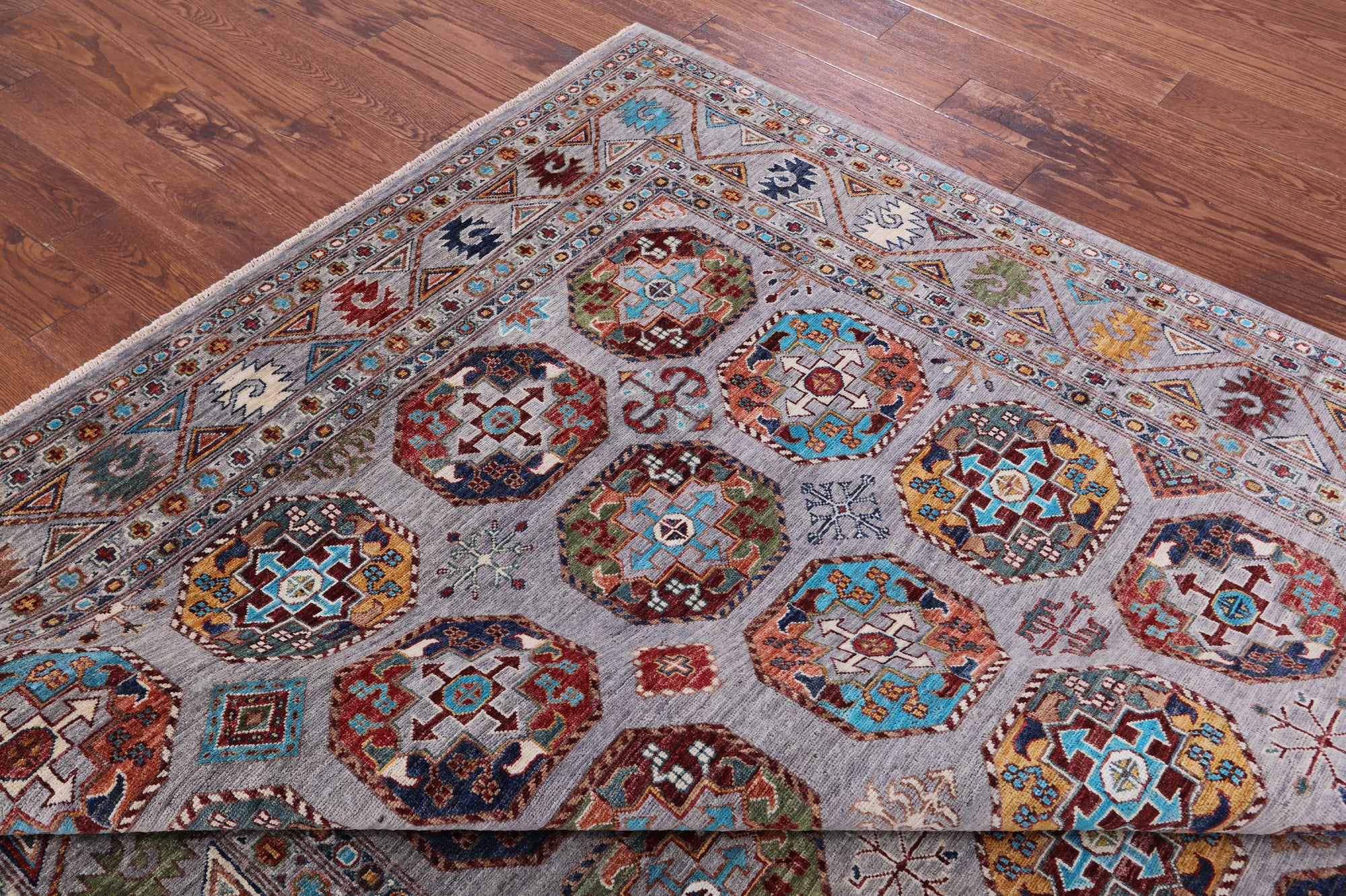Grey Turkmen Ersari Hand Knotted Wool Rug - 6' 8" X 9' 8" - Golden Nile