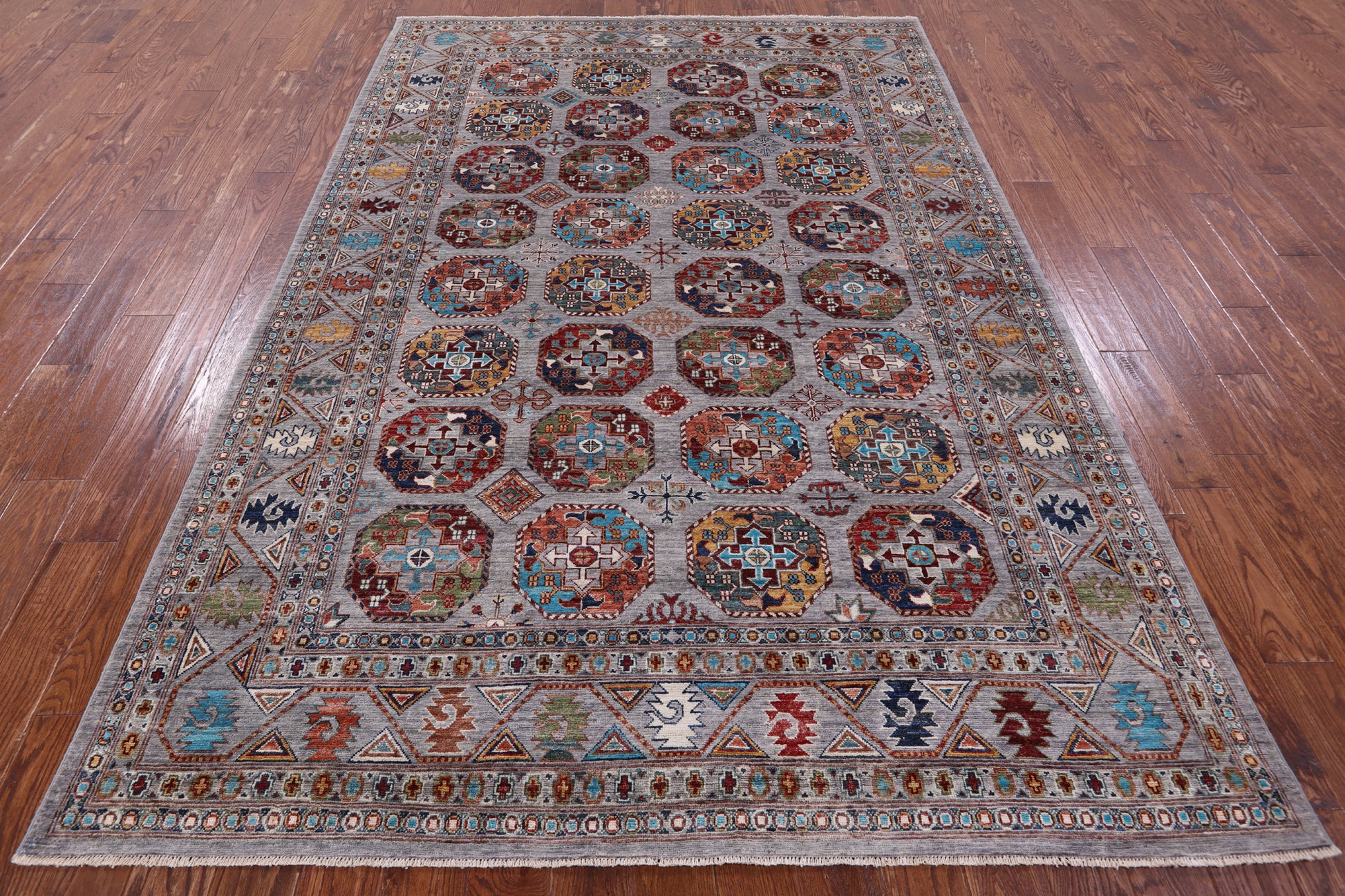 Grey Turkmen Ersari Hand Knotted Wool Rug - 6' 8" X 9' 8" - Golden Nile