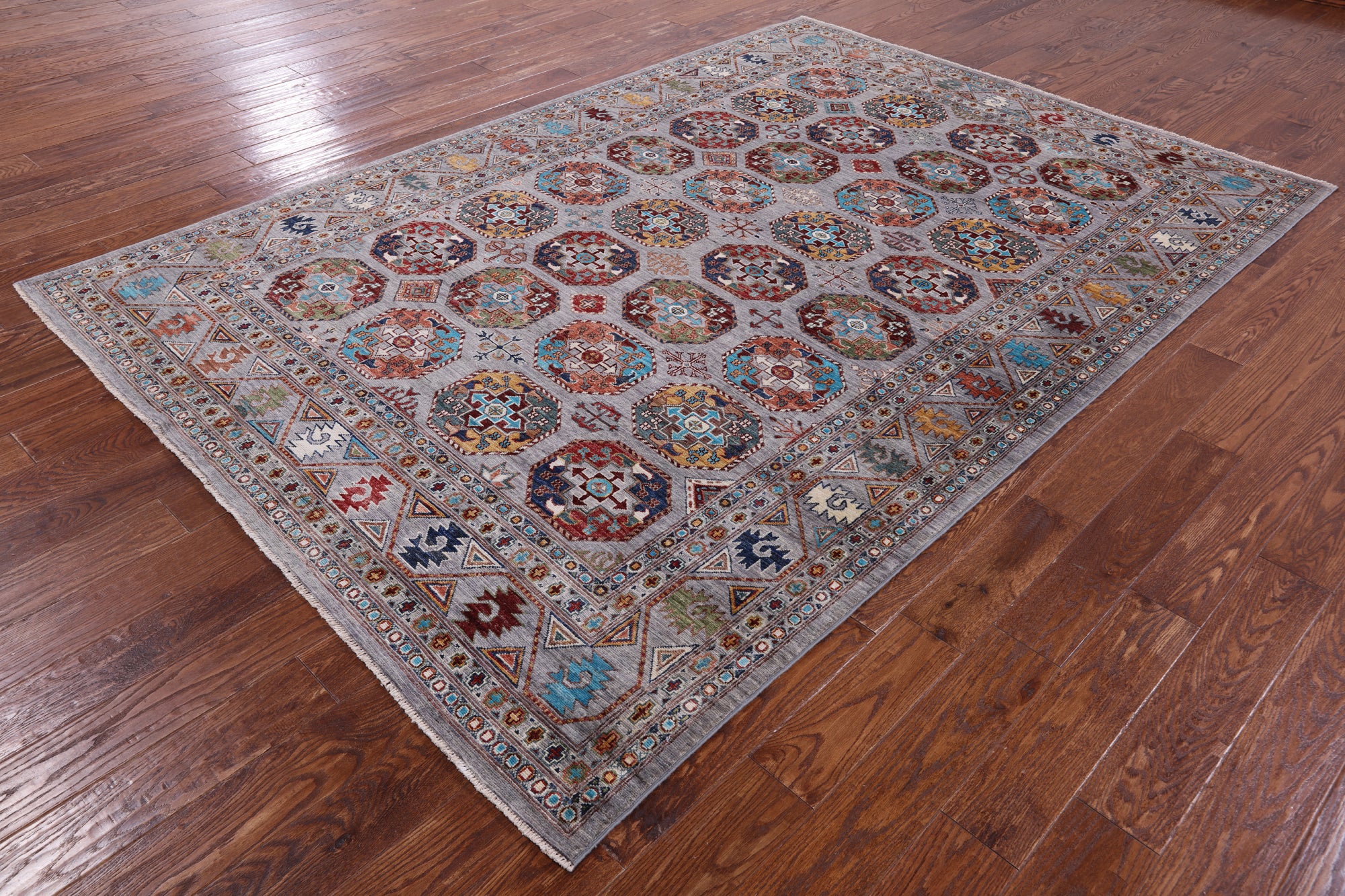 Grey Turkmen Ersari Hand Knotted Wool Rug - 6' 8" X 9' 8" - Golden Nile