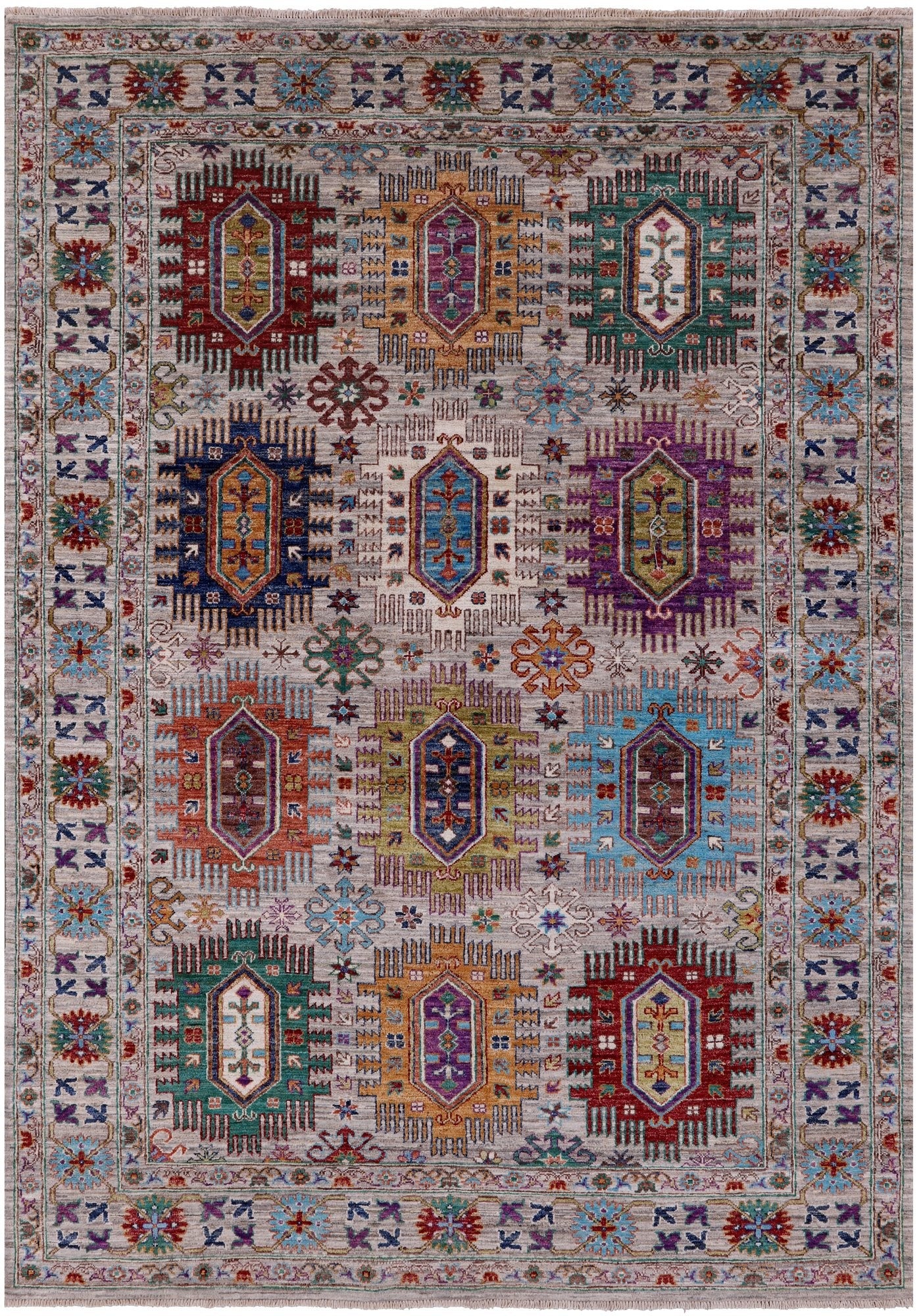 Grey Turkmen Ersari Hand Knotted Wool Rug - 5' 8" X 8' 0" - Golden Nile
