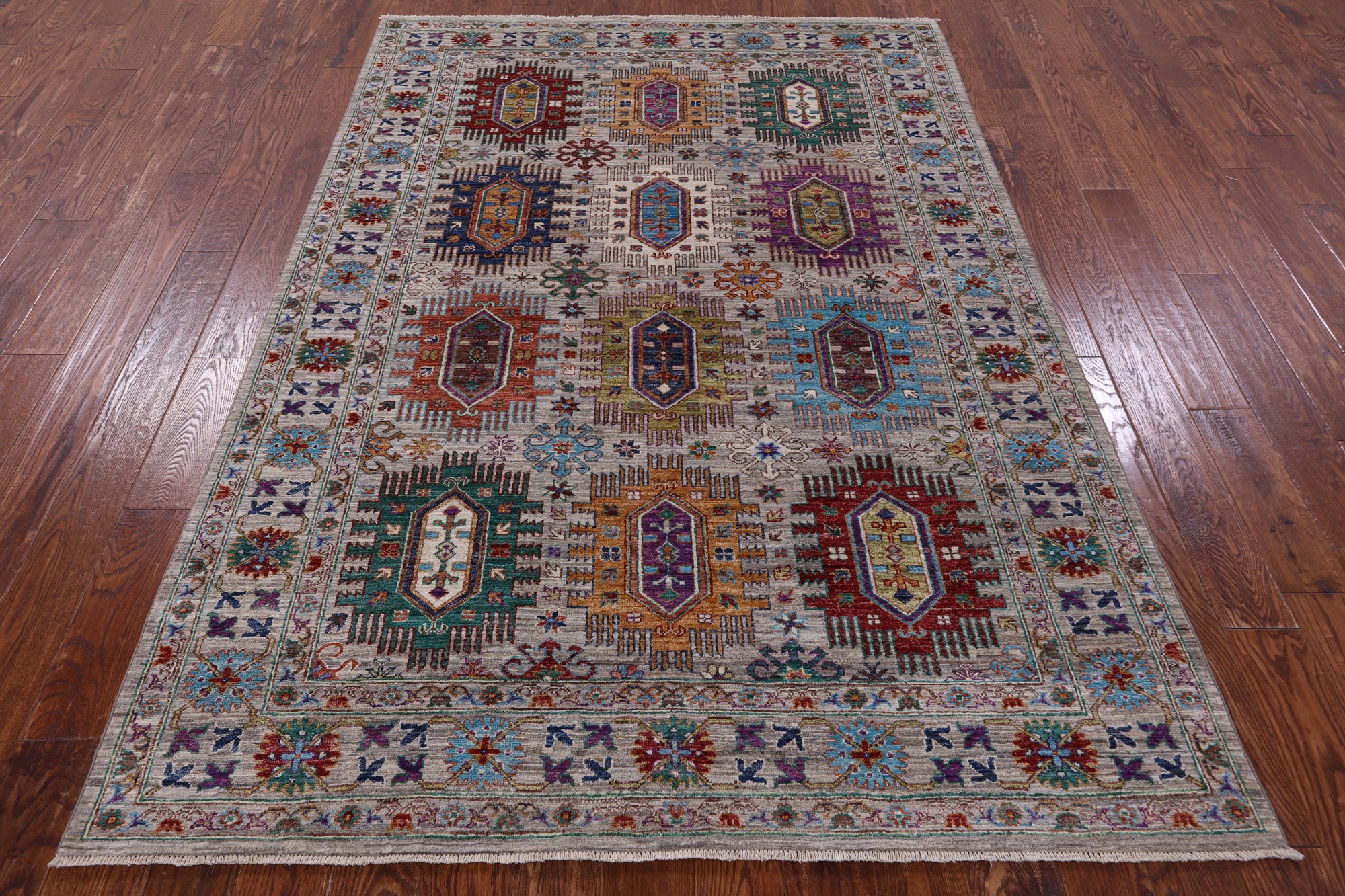 Grey Turkmen Ersari Hand Knotted Wool Rug - 5' 8" X 8' 0" - Golden Nile