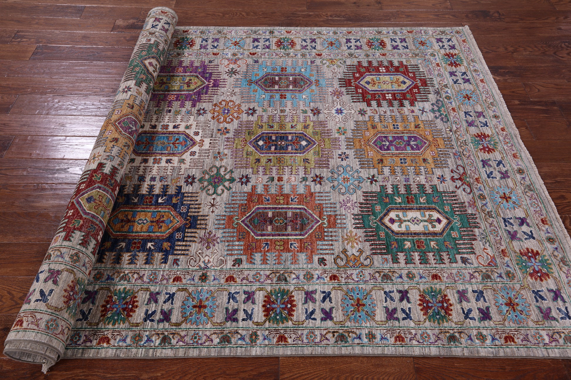 Grey Turkmen Ersari Hand Knotted Wool Rug - 5' 8" X 8' 0" - Golden Nile