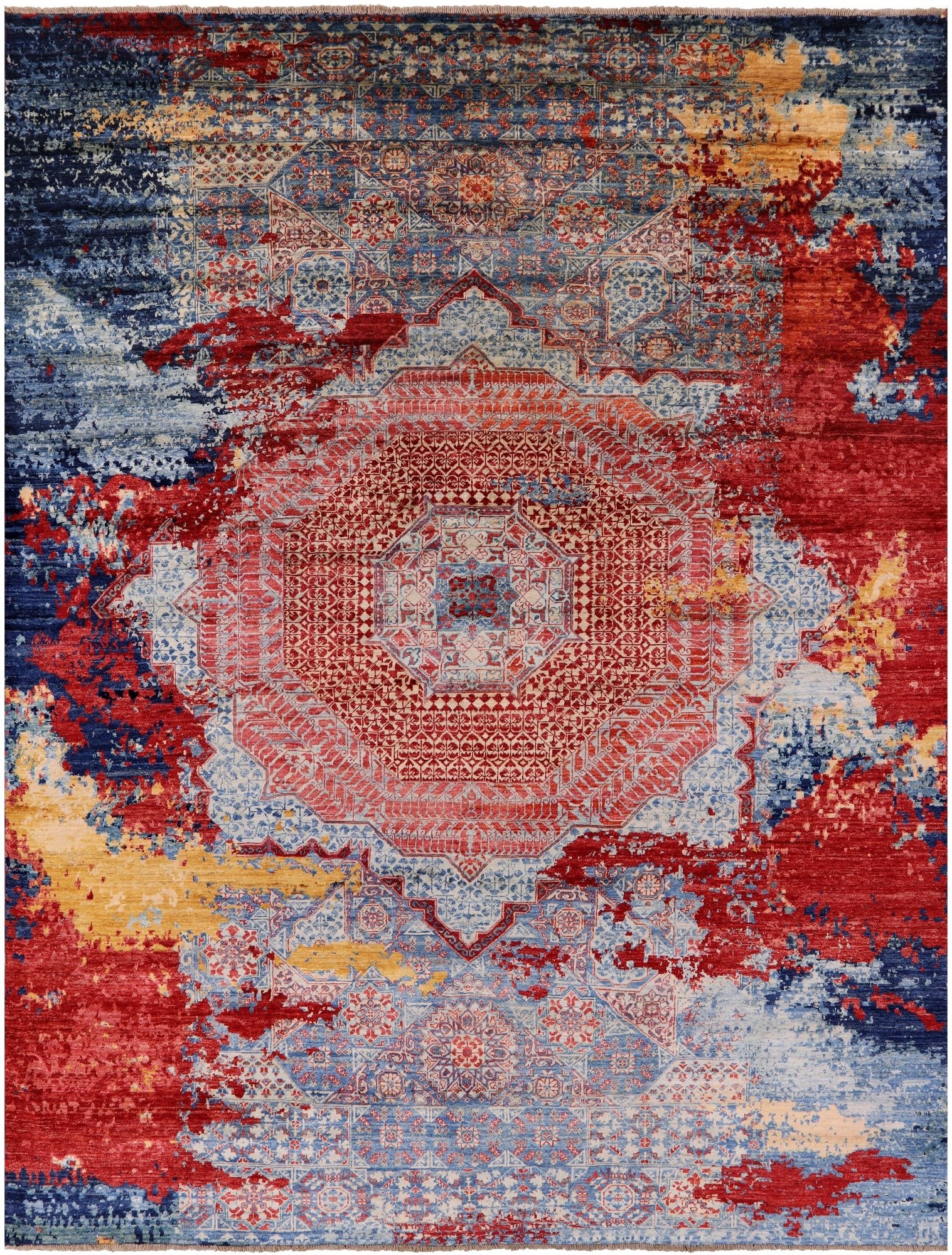 Abstract Modern Mamluk Hand Knotted Wool Rug - 9' 1" X 11' 8" - Golden Nile