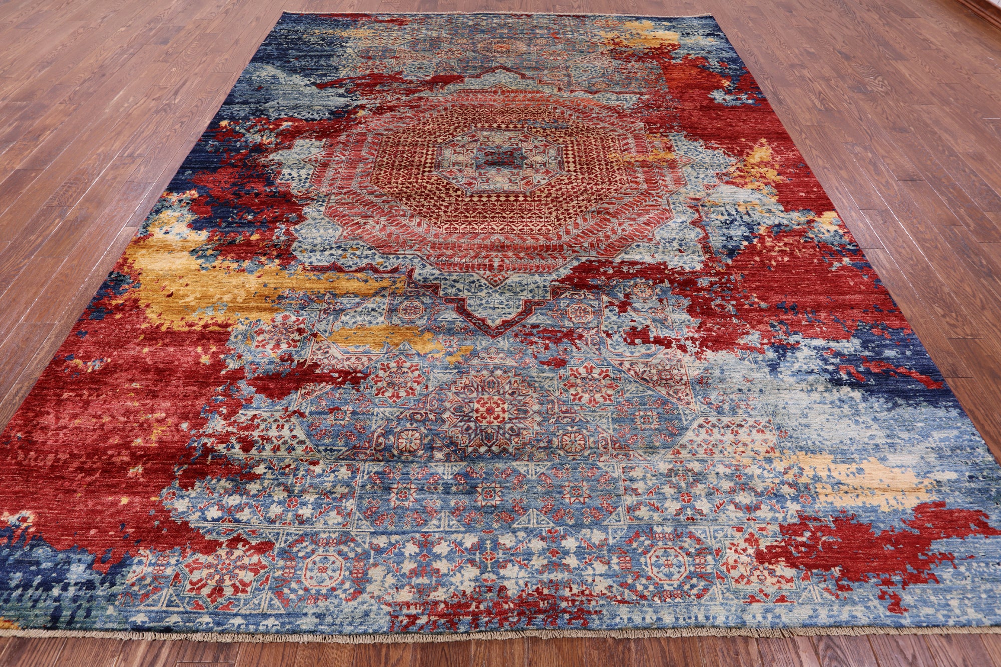 Abstract Modern Mamluk Hand Knotted Wool Rug - 9' 1" X 11' 8" - Golden Nile