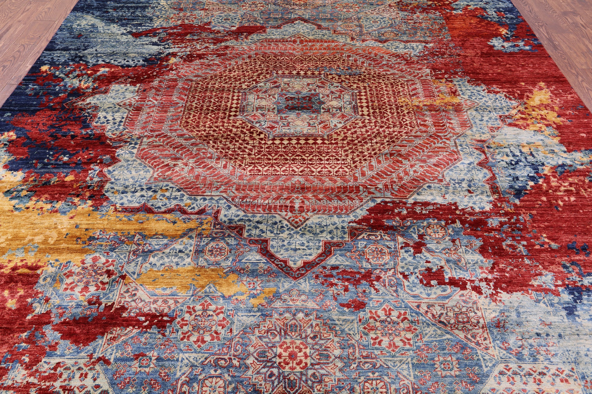 Abstract Modern Mamluk Hand Knotted Wool Rug - 9' 1" X 11' 8" - Golden Nile