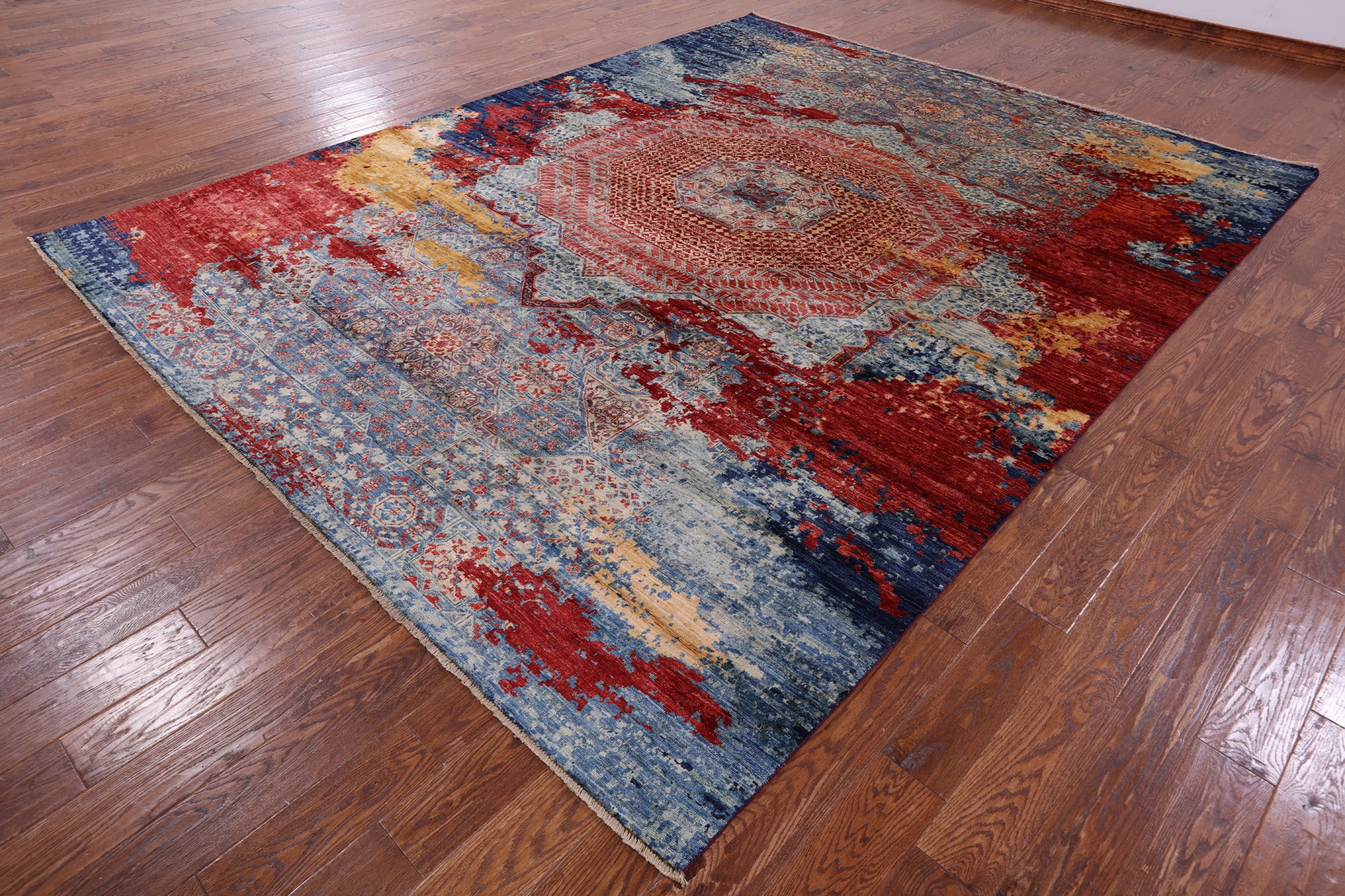 Abstract Modern Mamluk Hand Knotted Wool Rug - 9' 1" X 11' 8" - Golden Nile