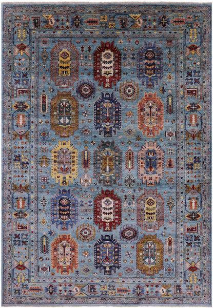 Blue Turkmen Ersari Hand Knotted Wool Rug - 6' 10" X 9' 11" - Golden Nile