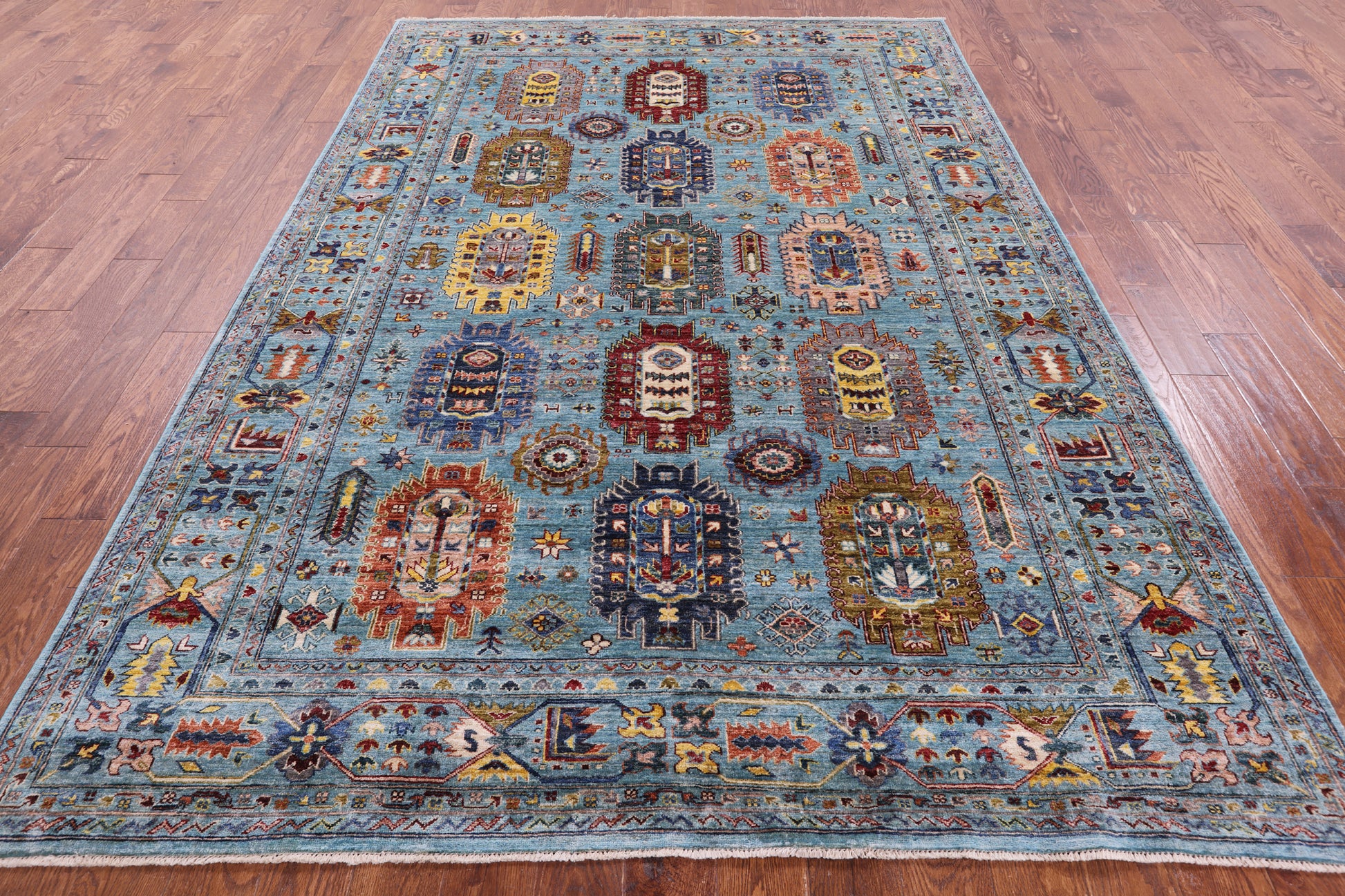 Blue Turkmen Ersari Hand Knotted Wool Rug - 6' 10" X 9' 11" - Golden Nile