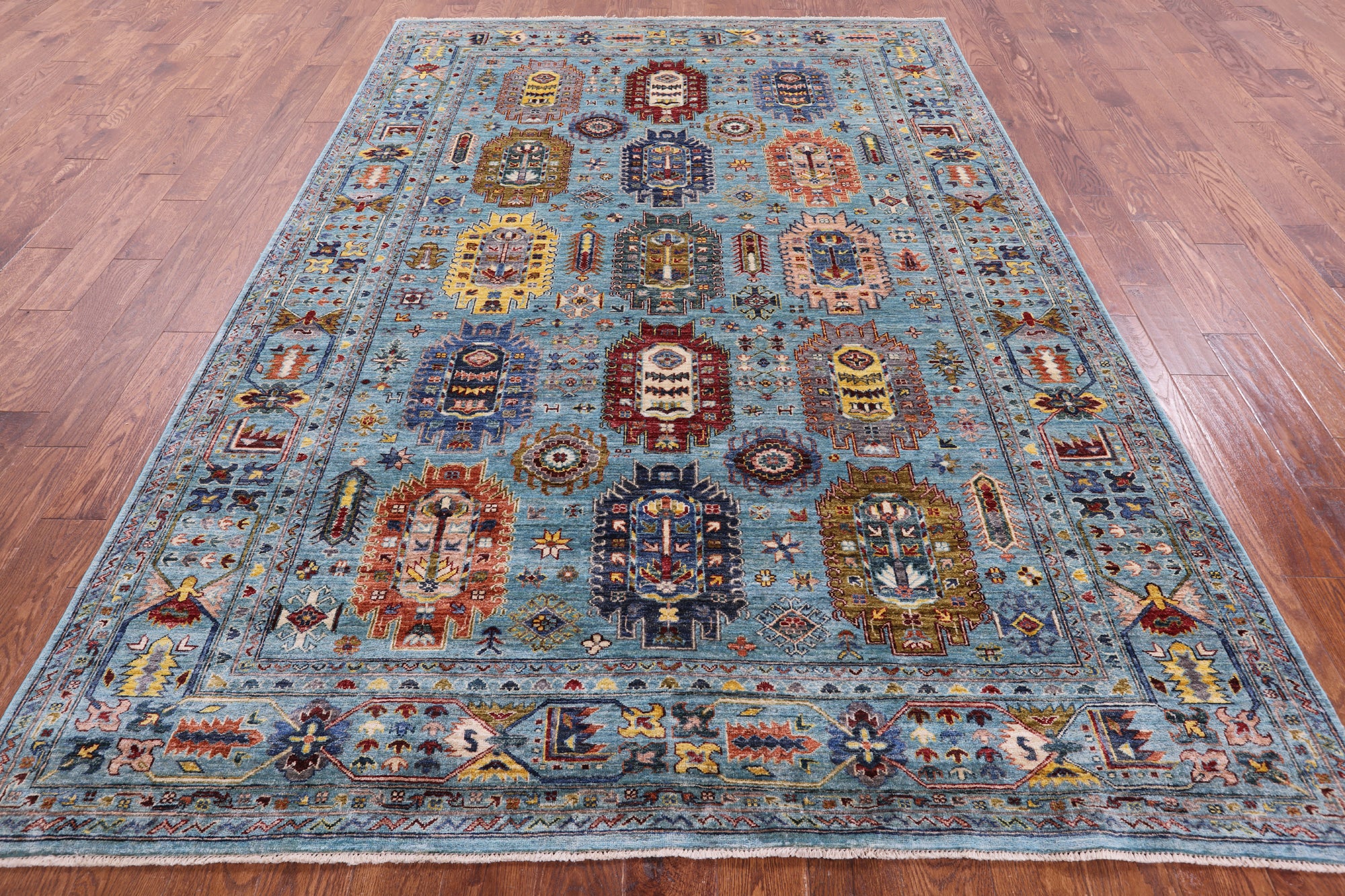 Blue Turkmen Ersari Hand Knotted Wool Rug - 6' 10" X 9' 11" - Golden Nile