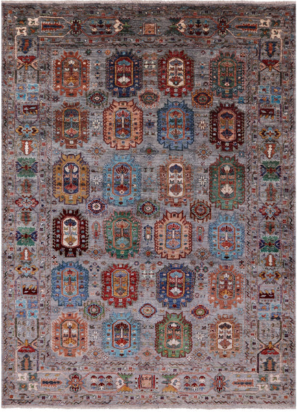 Grey Turkmen Ersari Hand Knotted Wool Rug - 6' 11" X 9' 7" - Golden Nile