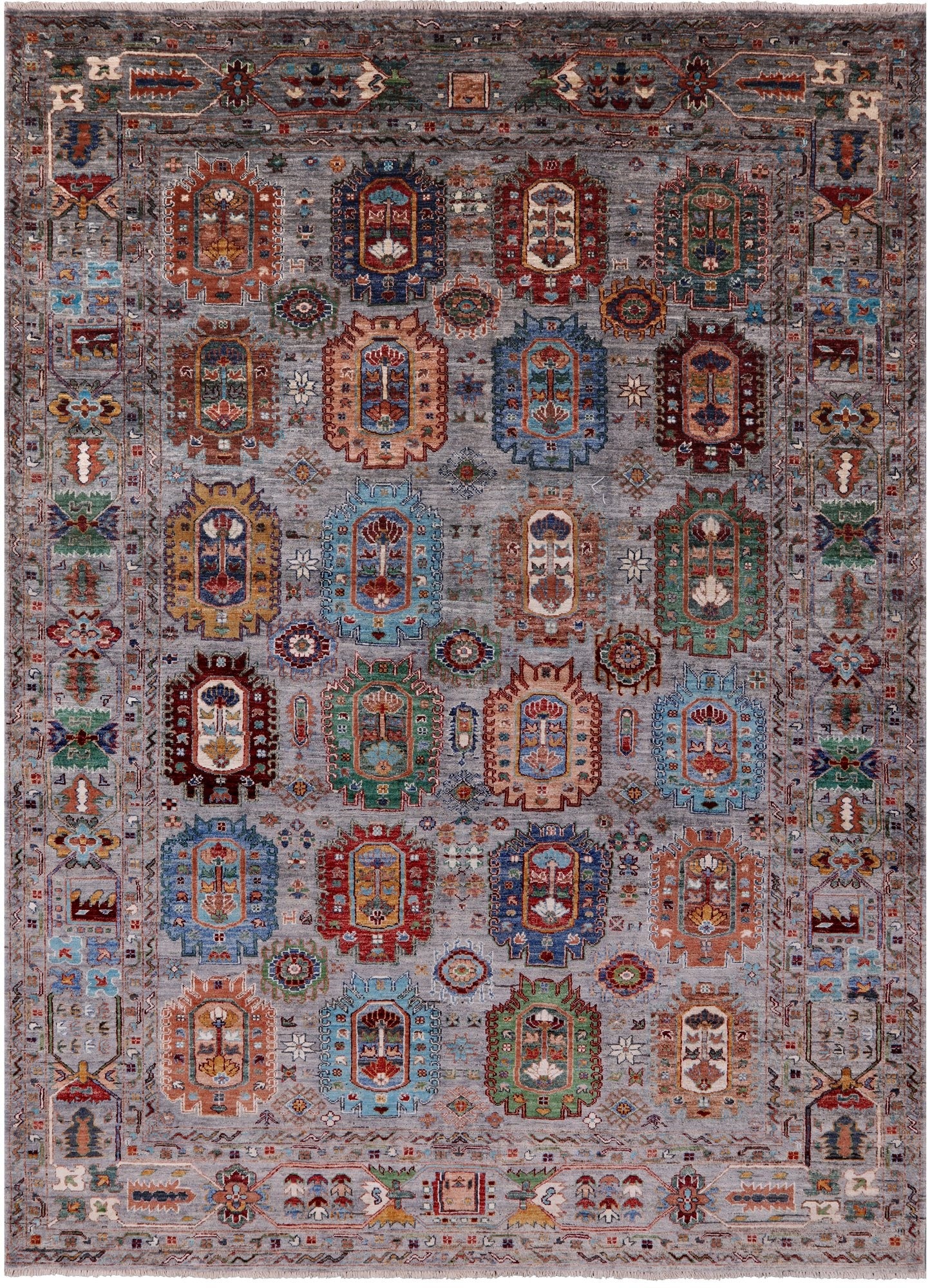 Grey Turkmen Ersari Hand Knotted Wool Rug - 6' 11" X 9' 7" - Golden Nile