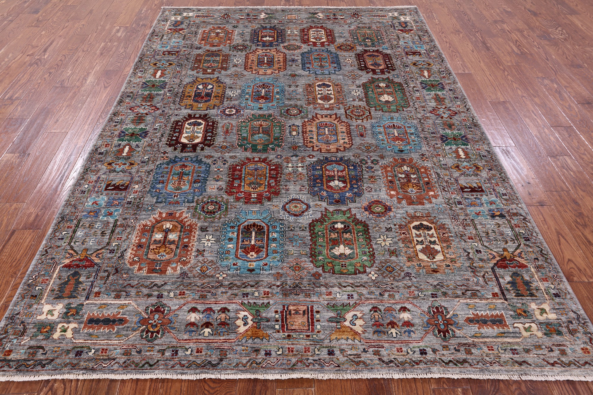 Grey Turkmen Ersari Hand Knotted Wool Rug - 6' 11" X 9' 7" - Golden Nile