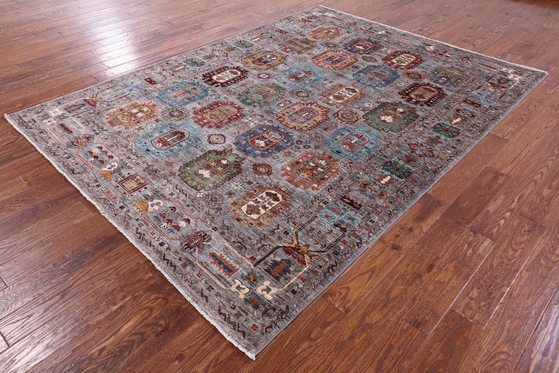 Grey Turkmen Ersari Hand Knotted Wool Rug - 6' 11" X 9' 7" - Golden Nile