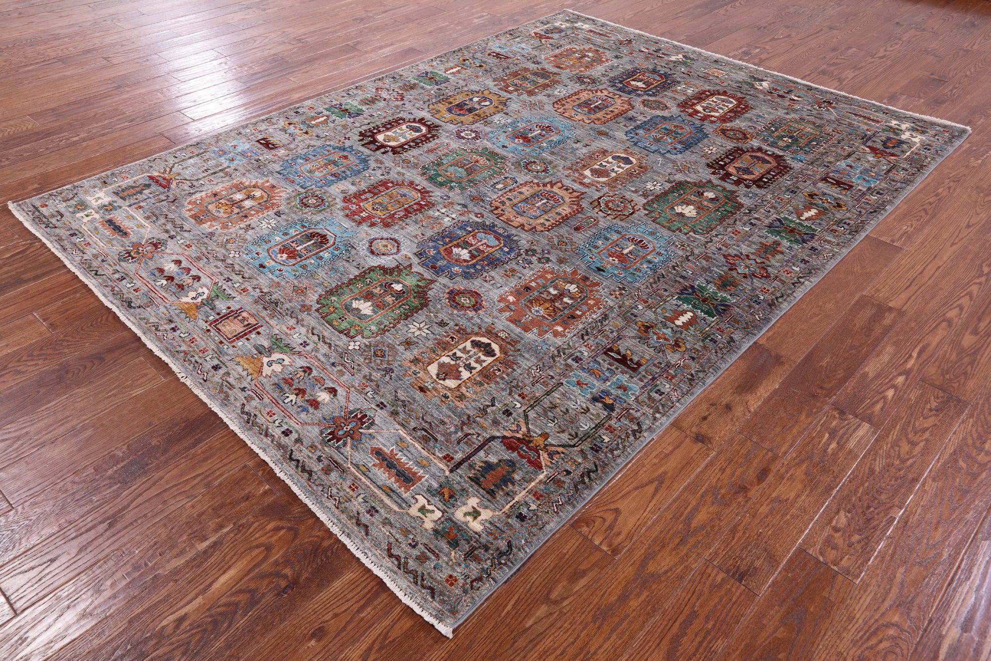 Grey Turkmen Ersari Hand Knotted Wool Rug - 6' 11" X 9' 7" - Golden Nile