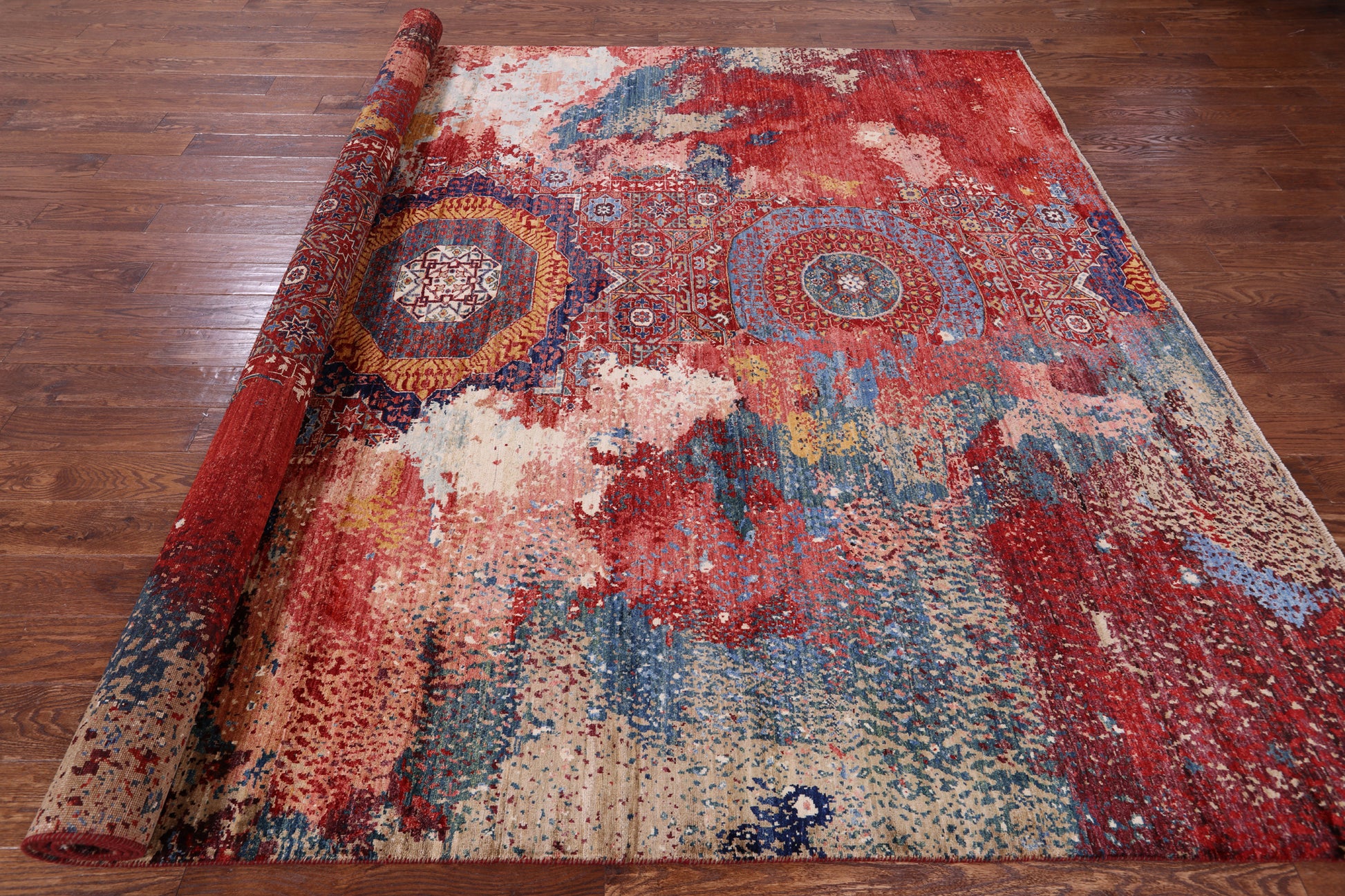 Abstract Modern Mamluk Hand Knotted Wool Rug - 8' 10" X 11' 10" - Golden Nile