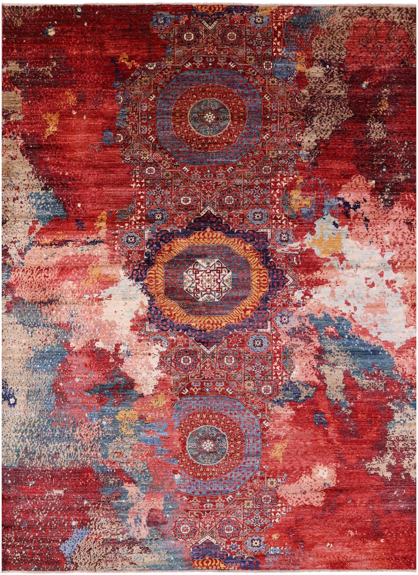 Abstract Modern Mamluk Hand Knotted Wool Rug - 8' 10" X 11' 10" - Golden Nile