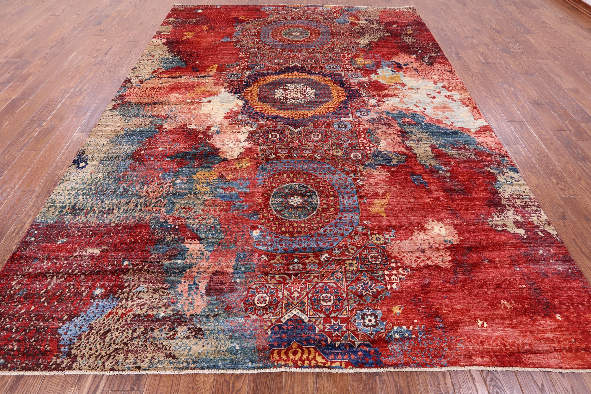 Abstract Modern Mamluk Hand Knotted Wool Rug - 8' 10" X 11' 10" - Golden Nile
