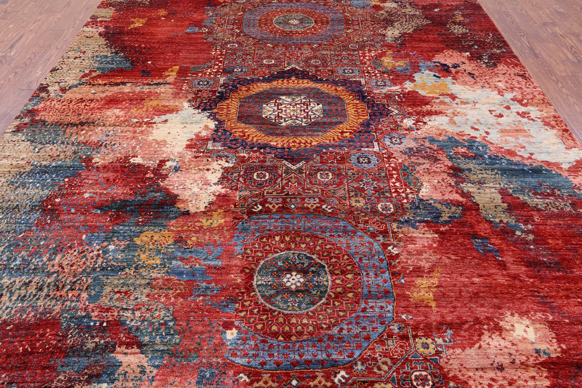 Abstract Modern Mamluk Hand Knotted Wool Rug - 8' 10" X 11' 10" - Golden Nile