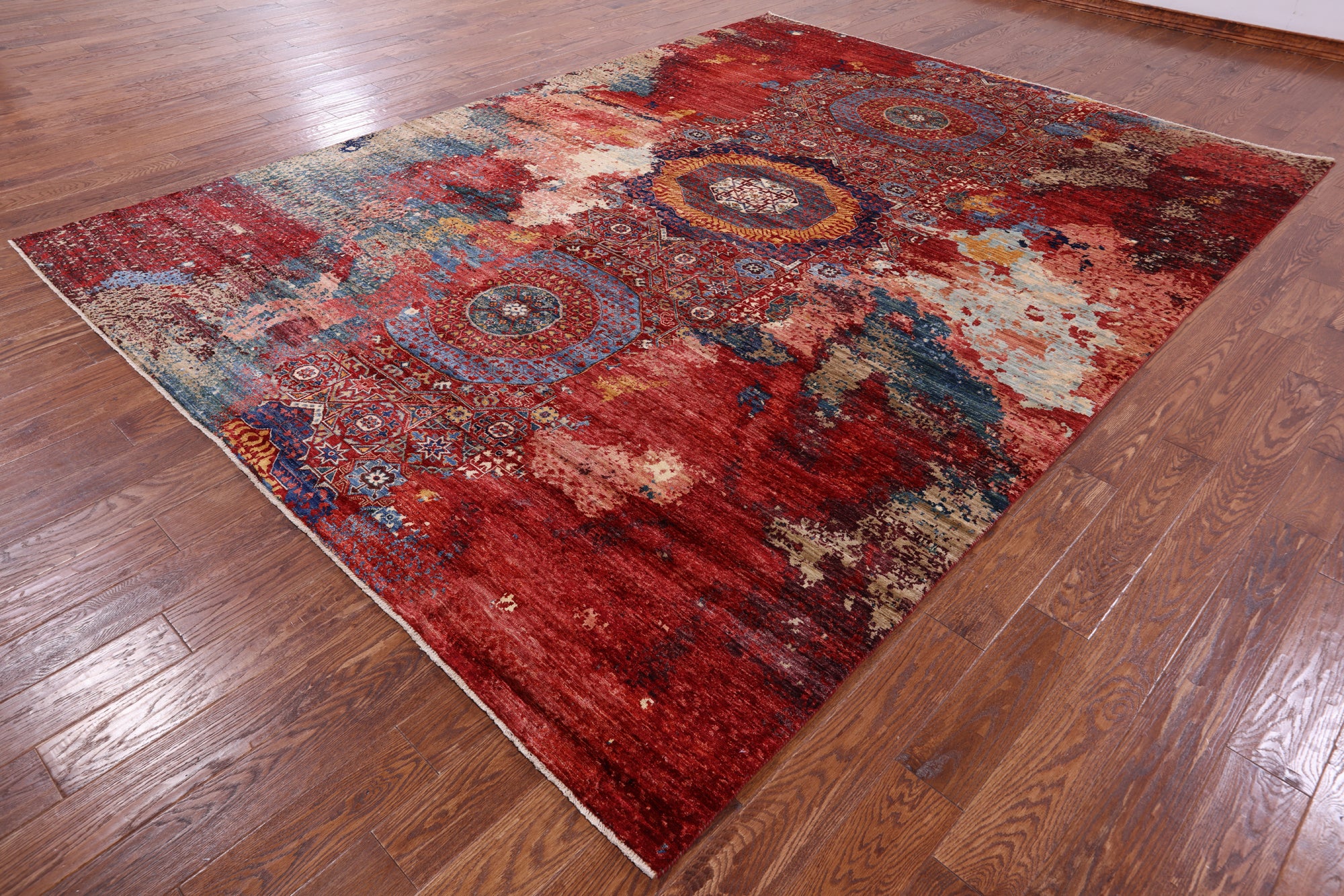 Abstract Modern Mamluk Hand Knotted Wool Rug - 8' 10" X 11' 10" - Golden Nile