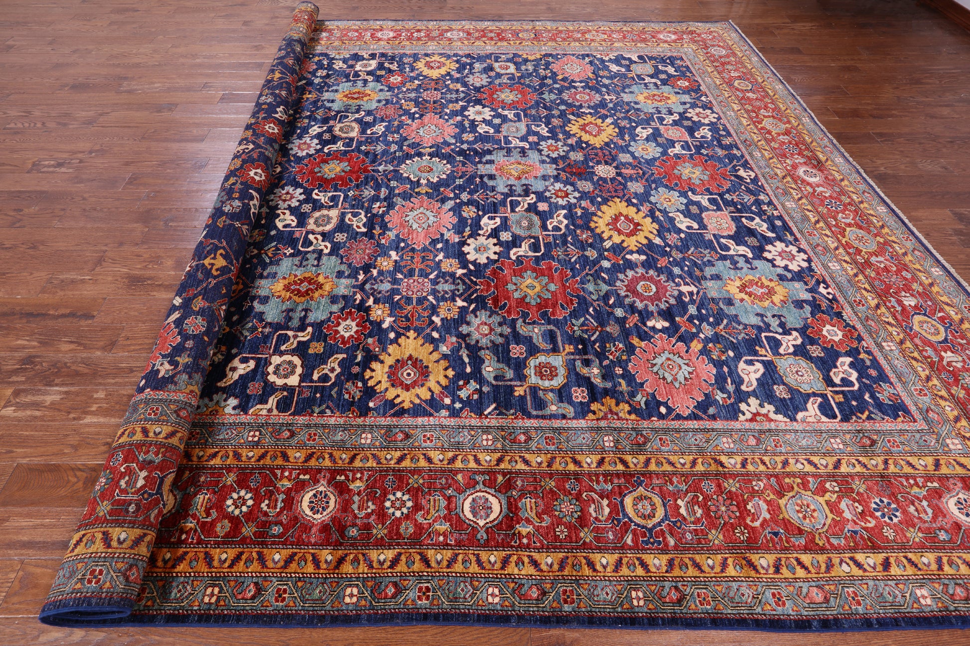 Blue Persian Fine Serapi Hand Knotted Wool Rug - 11' 9" X 14' 7" - Golden Nile