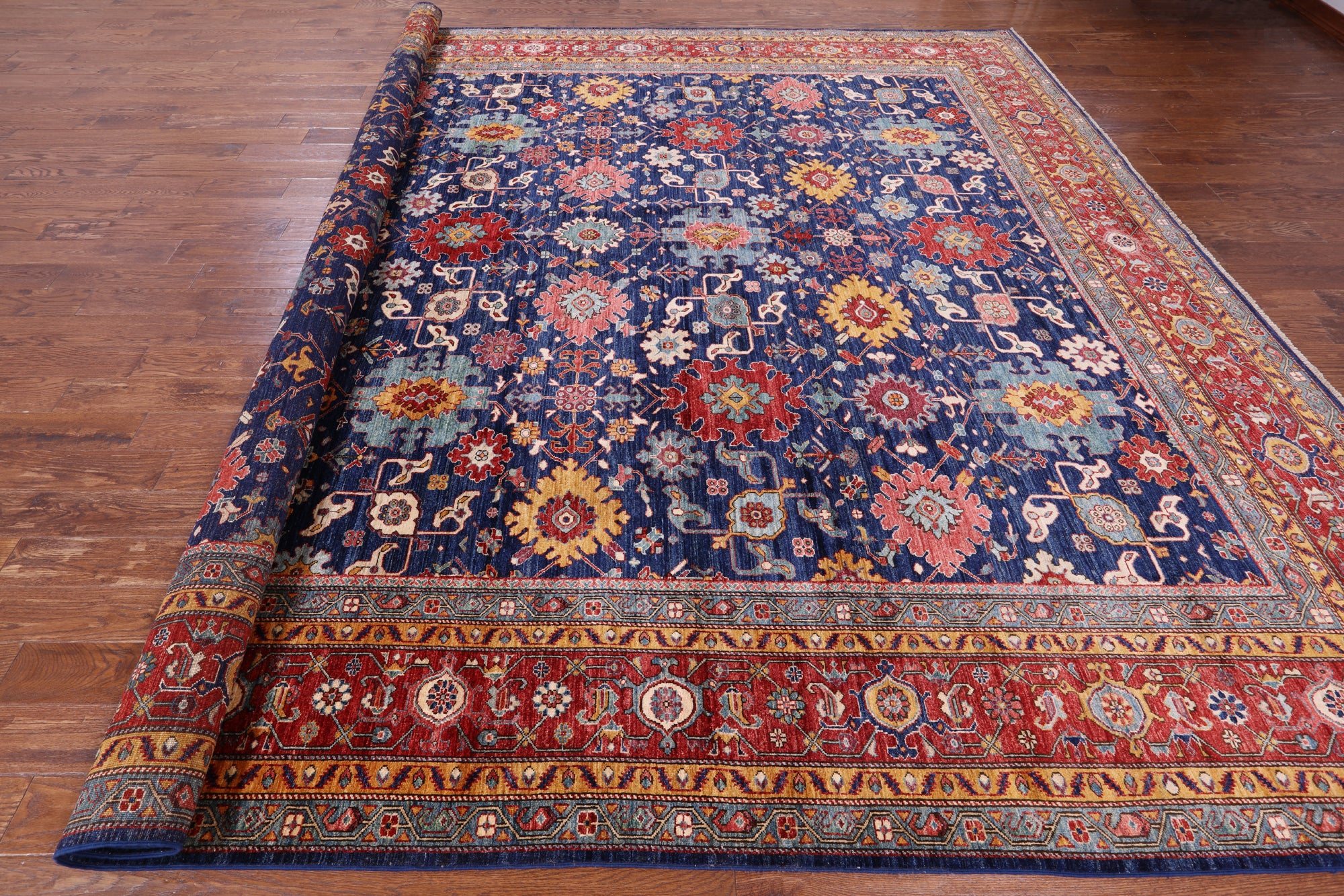 Blue Persian Fine Serapi Hand Knotted Wool Rug - 11' 9" X 14' 7" - Golden Nile