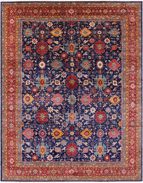 Blue Persian Fine Serapi Hand Knotted Wool Rug - 11' 9" X 14' 7" - Golden Nile