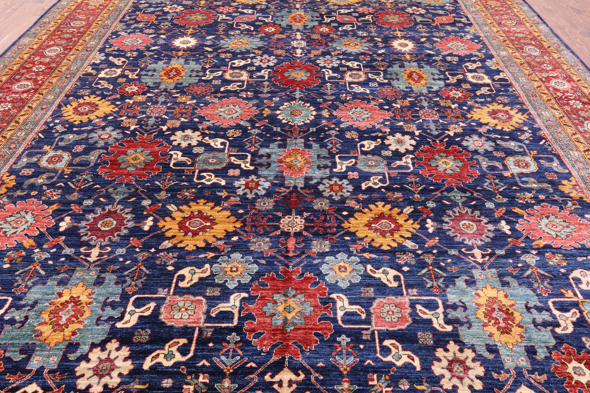 Blue Persian Fine Serapi Hand Knotted Wool Rug - 11' 9" X 14' 7" - Golden Nile