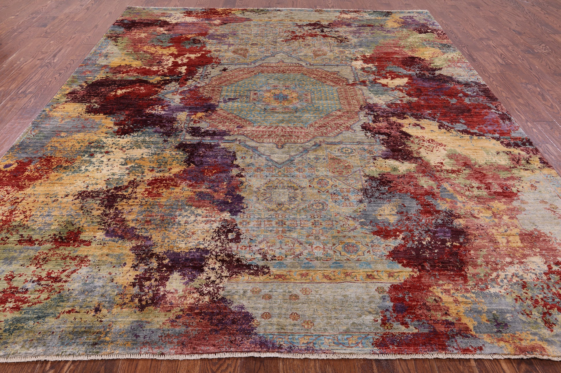 Geometric Persian Mamluk Hand Knotted Wool Rug - 9' 4" X 11' 8" - Golden Nile