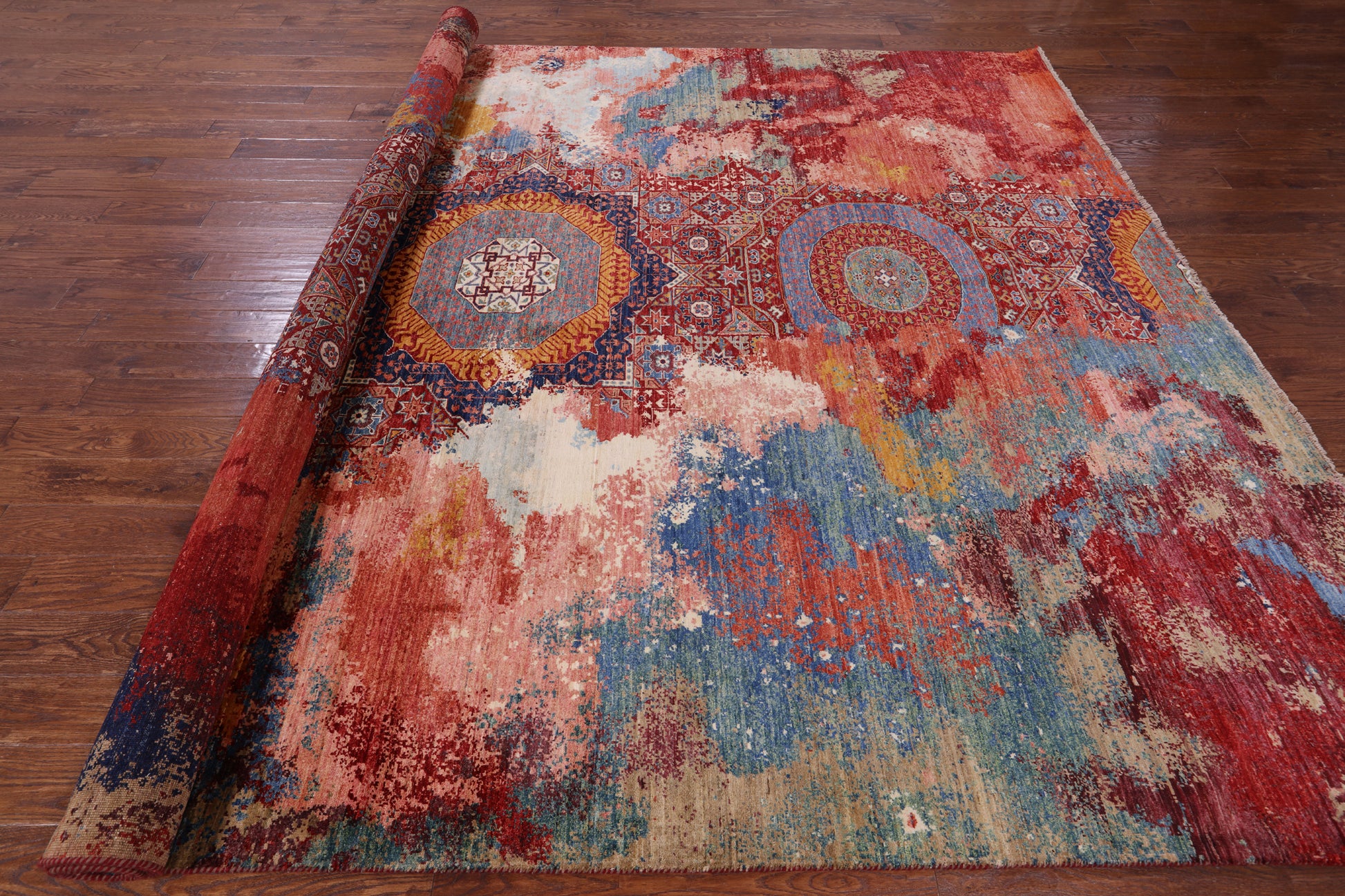 Asbtract Modern Mamluk Hand Knotted Wool Rug - 9' 9" X 12' 9" - Golden Nile