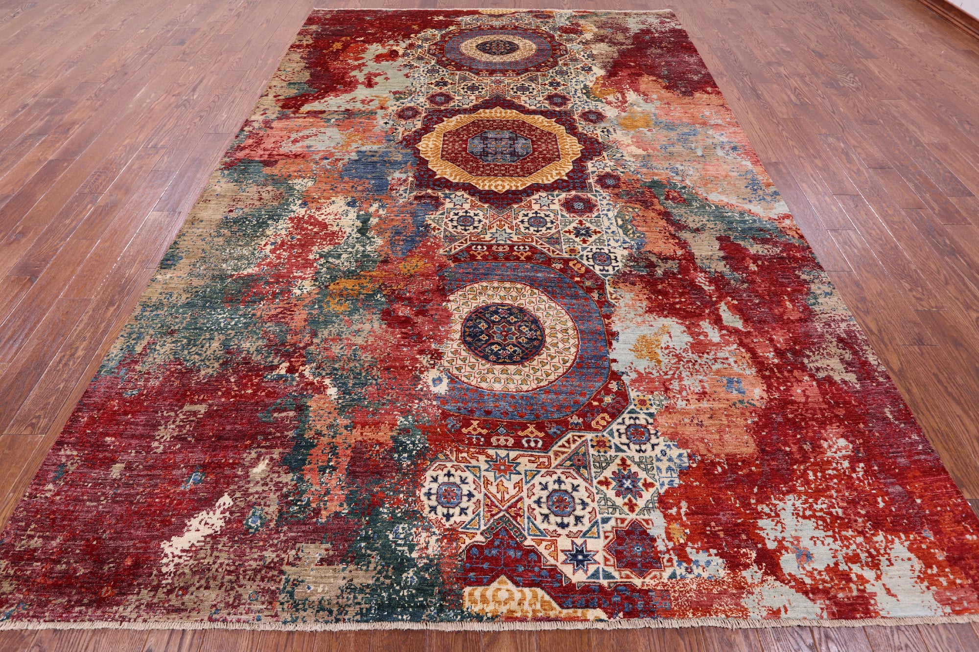 Abstract Modern Mamluk Hand Knotted Wool Rug - 8' 4" X 12' 6" - Golden Nile