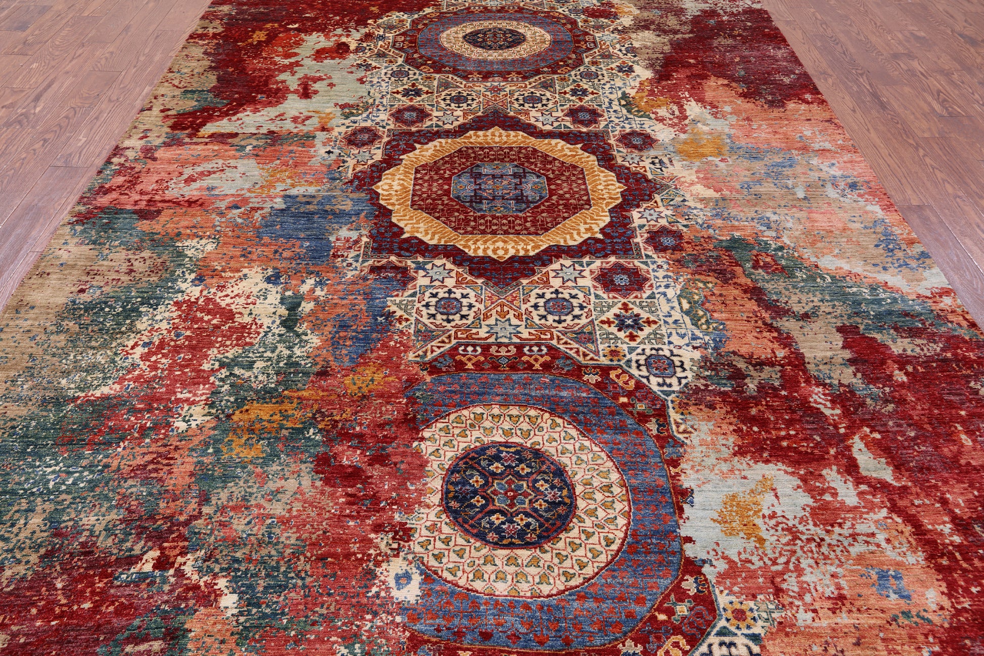 Abstract Modern Mamluk Hand Knotted Wool Rug - 8' 4" X 12' 6" - Golden Nile
