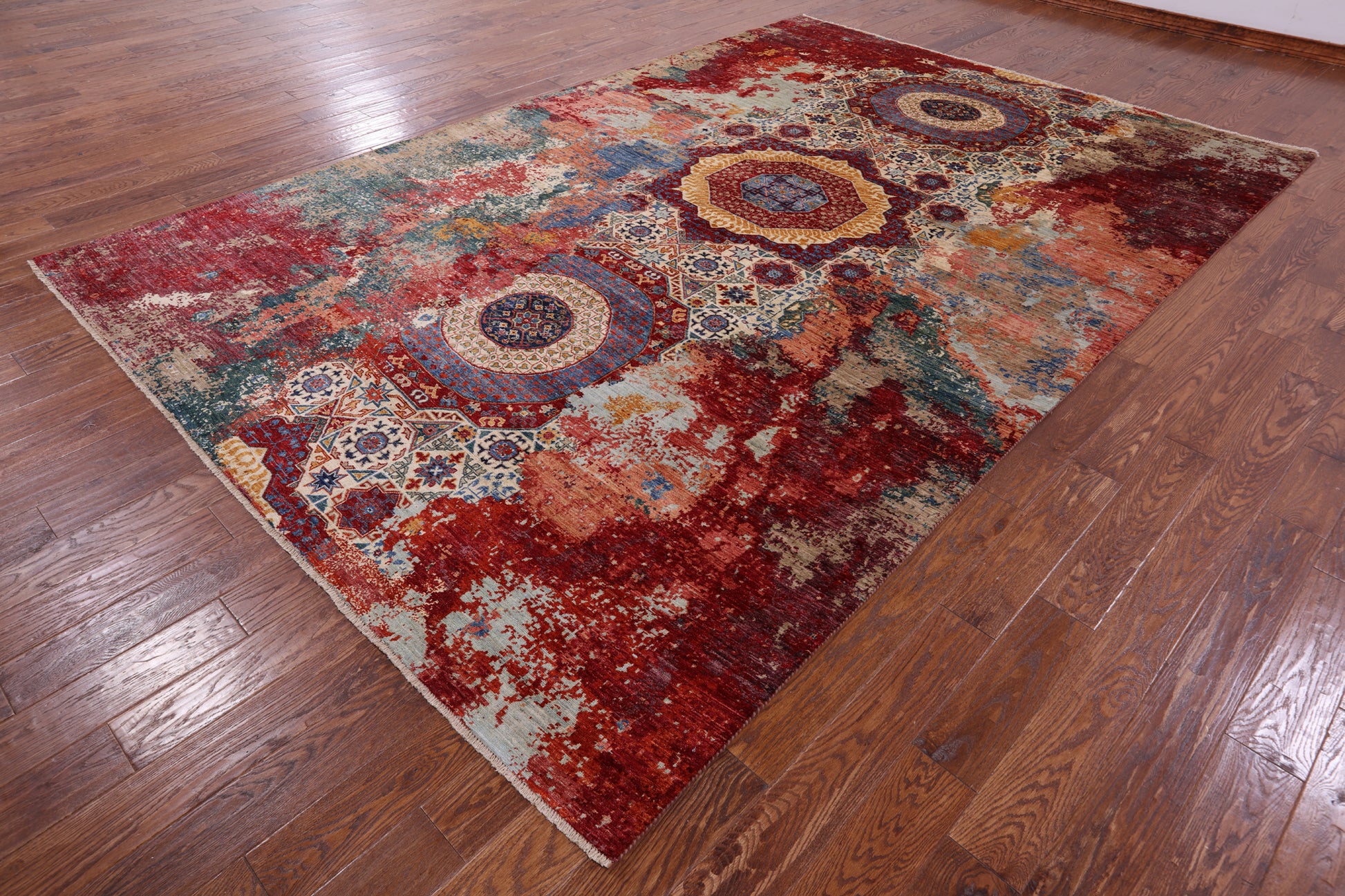 Abstract Modern Mamluk Hand Knotted Wool Rug - 8' 4" X 12' 6" - Golden Nile