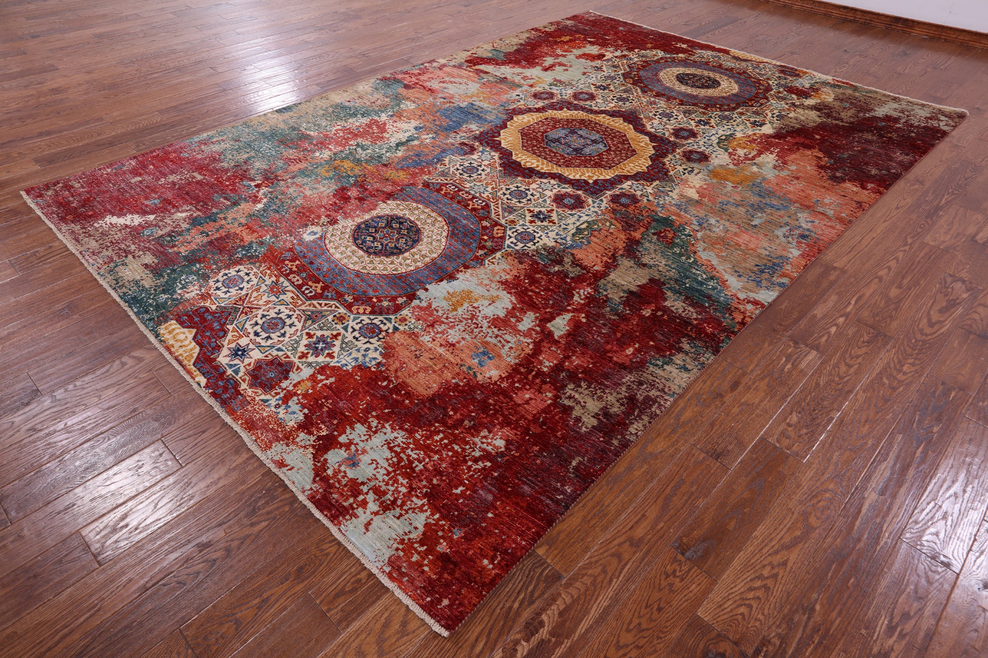 Abstract Modern Mamluk Hand Knotted Wool Rug - 8' 4" X 12' 6" - Golden Nile
